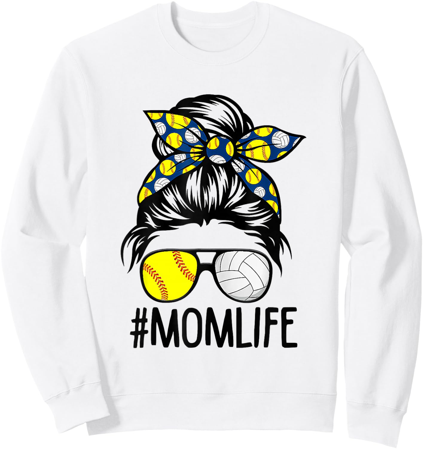 Dy Mom Life Softball Volleyball Mothers Day Messy Bun Sweatshirt - Sweatshirt | White