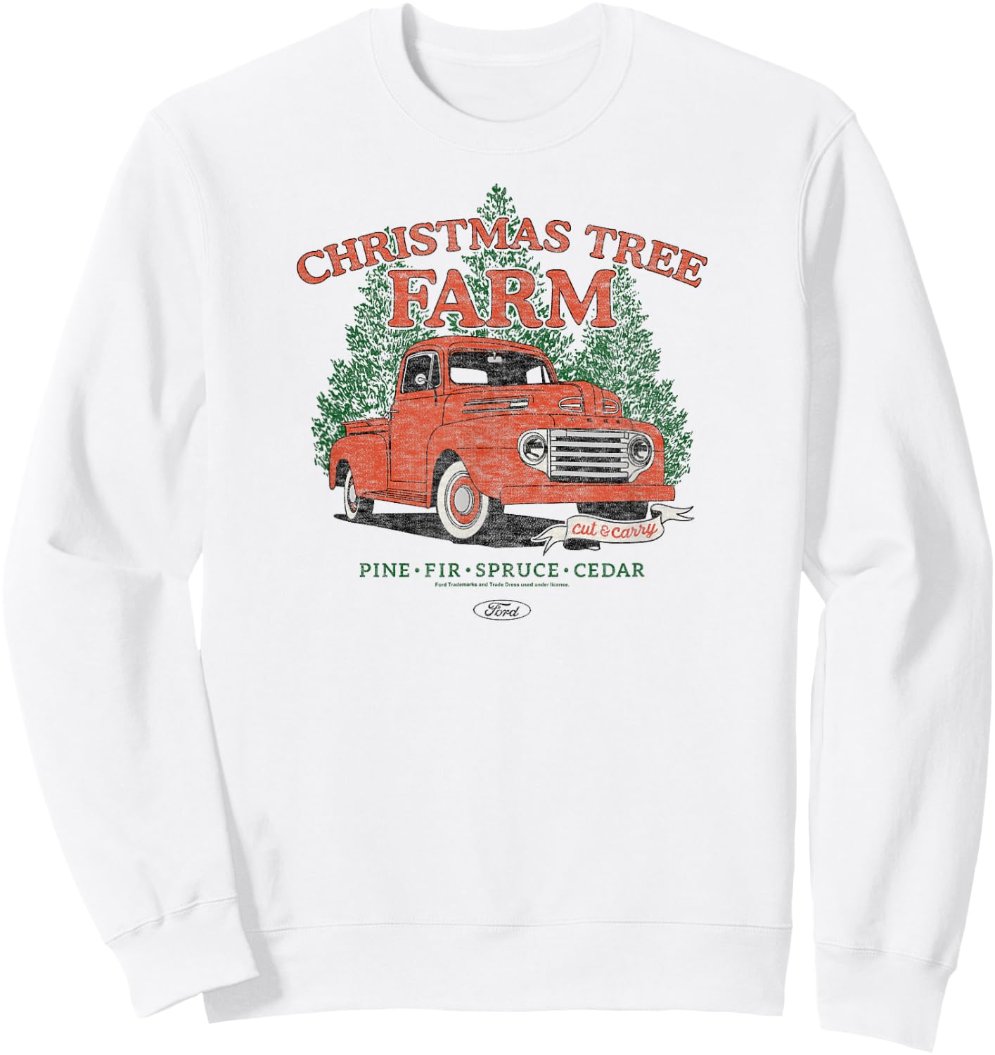 Ford - Vintage F3 1949 Red Truck Christmas Tree Farm Sweatshirt - Sweatshirt | White