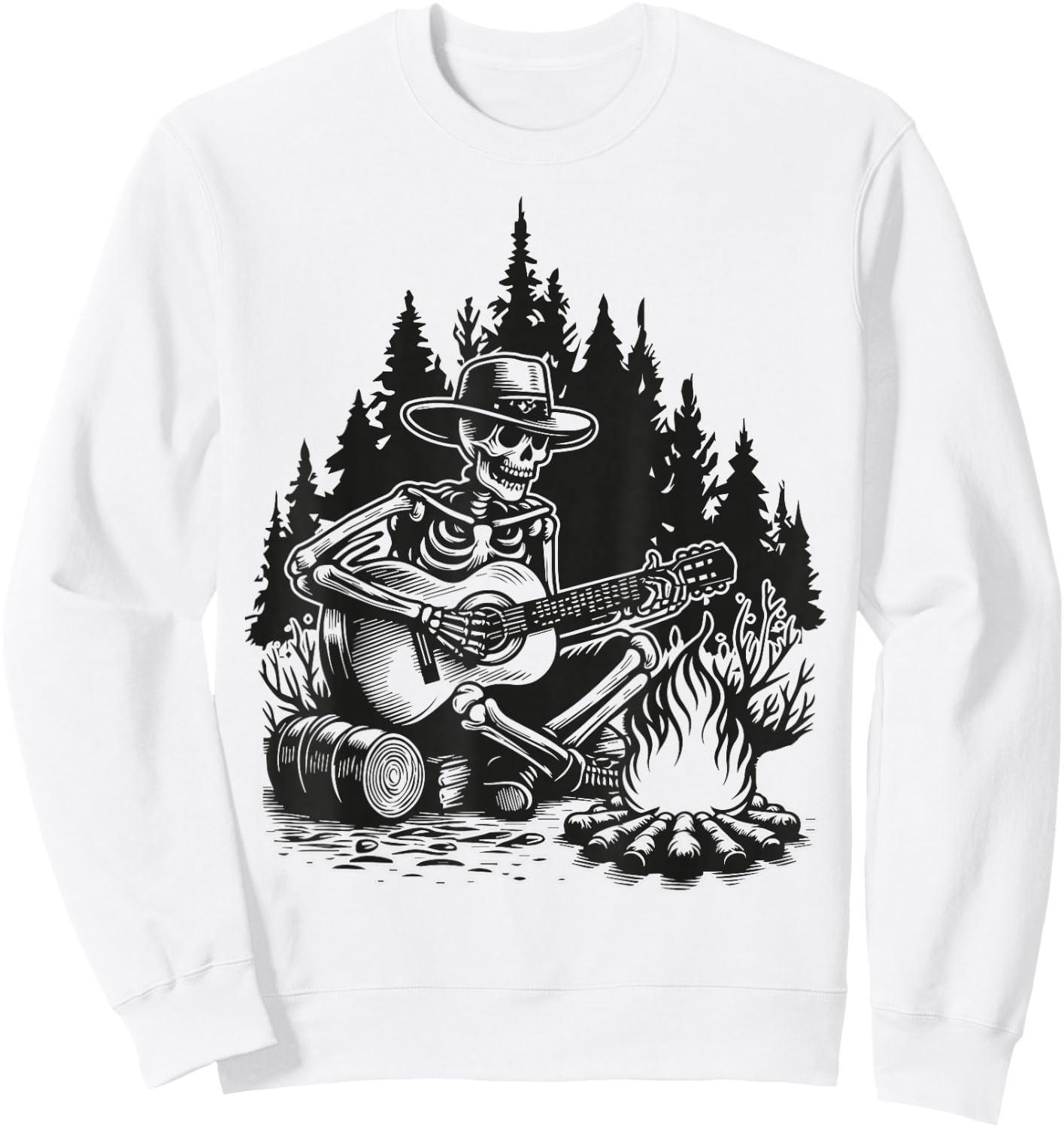 Camp Skeleton Country Music Campfire Skeleton Playing Guitar Sweatshirt - Sweatshirt | White