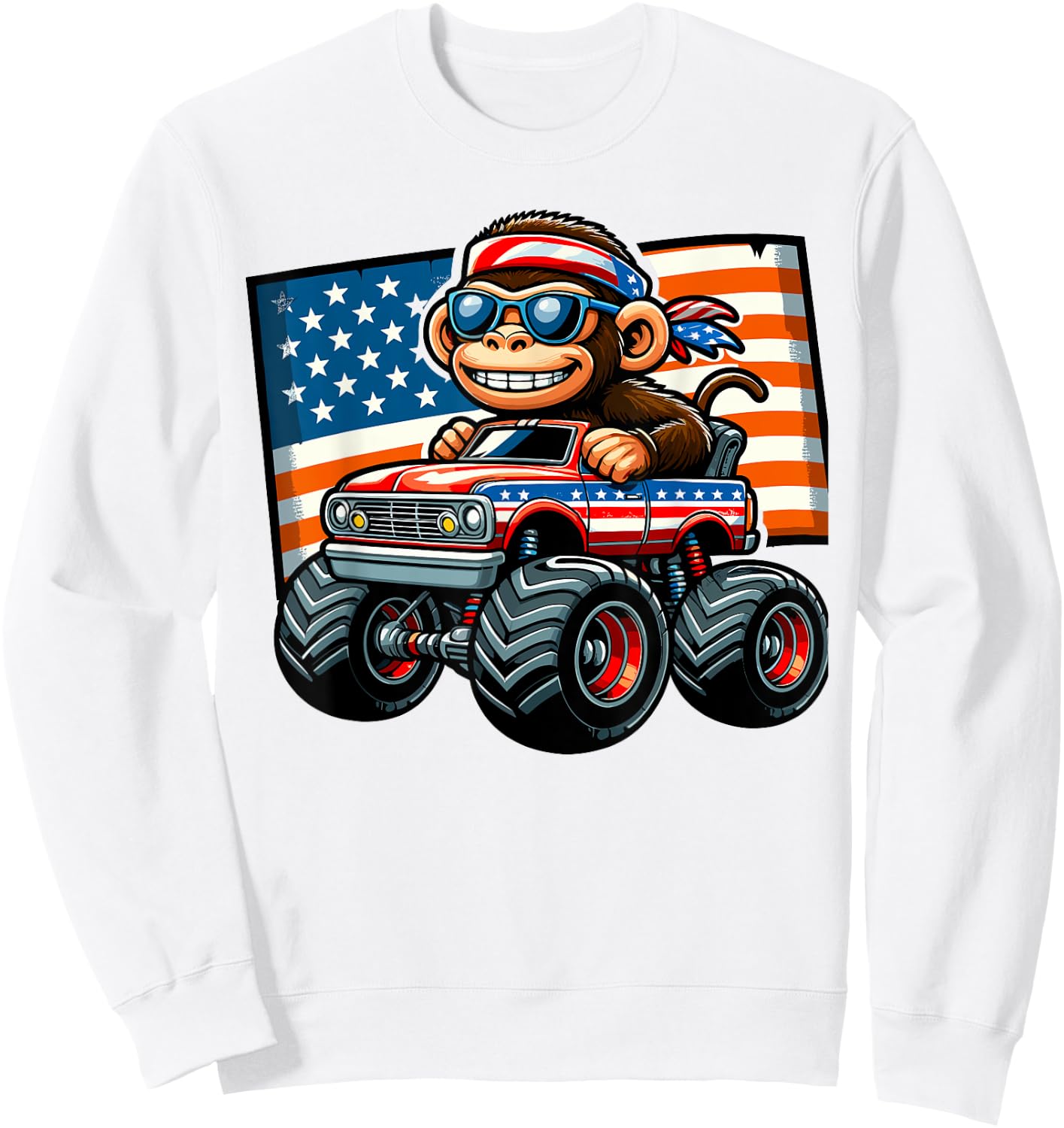 Patriotic Monkey 4th July Monster Truck American Women Kids Men Sweatshirt - Sweatshirt | White