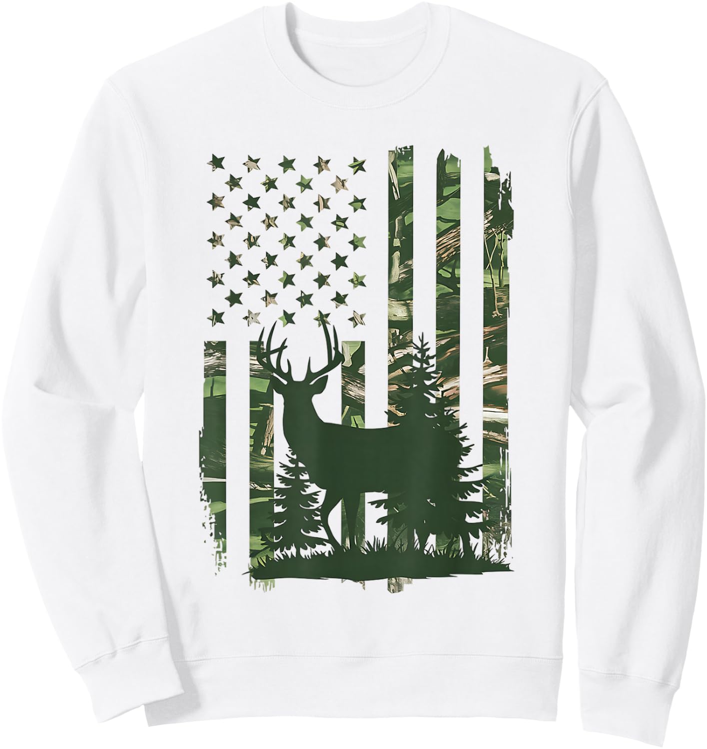 Camo Deer Hunting American Flag Whitetail Hunter USA Graphic Sweatshirt - Sweatshirt | White