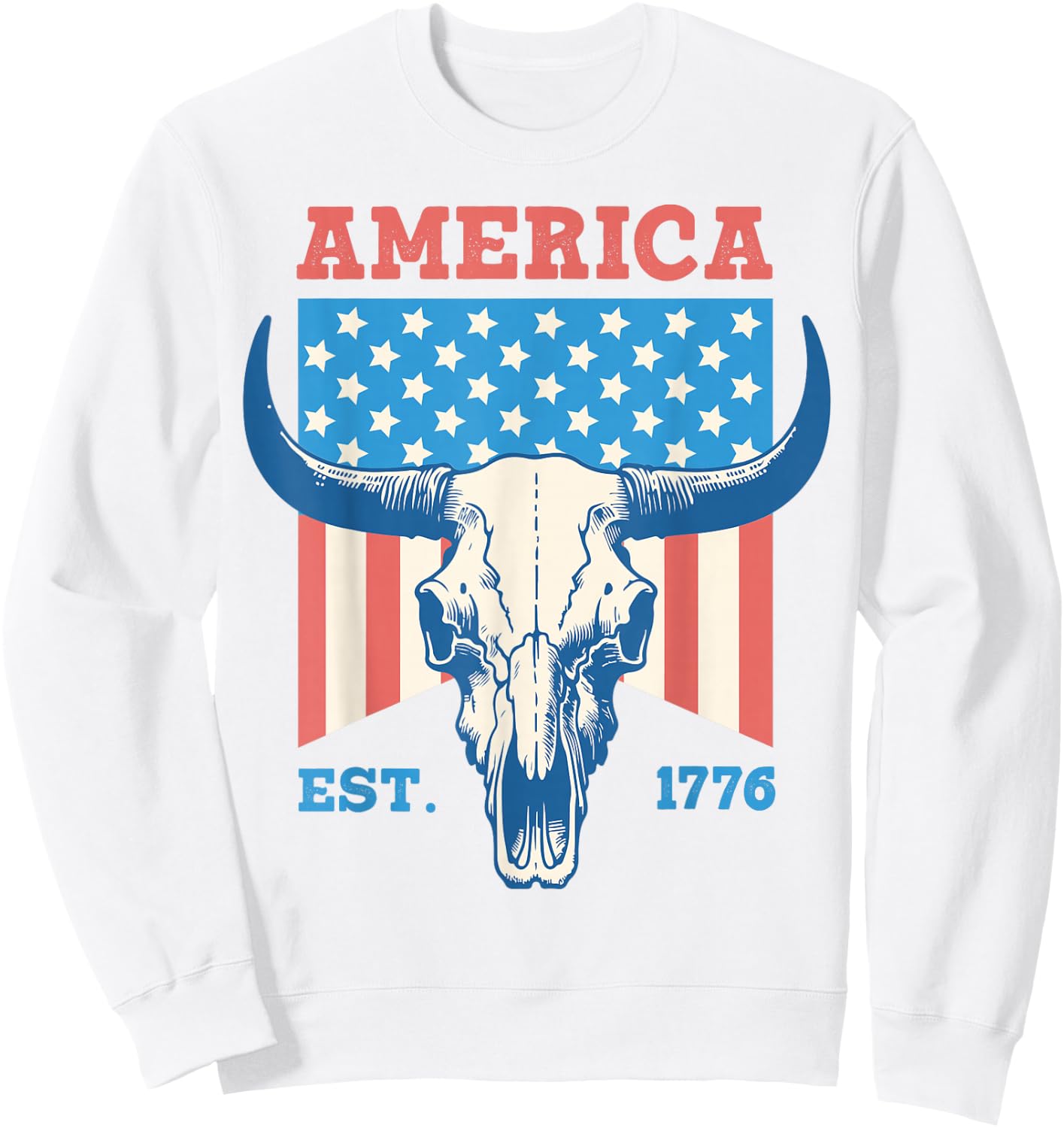 America Est 1776 Vintage Bull Skull US Flag 4th of July Women Kids Men Sweatshirt - Sweatshirt | White