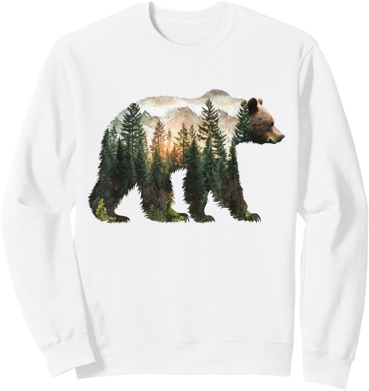 Bear Forest Mountains Trees Nature Sunset Outdoor Graphic Sweatshirt - Sweatshirt | White