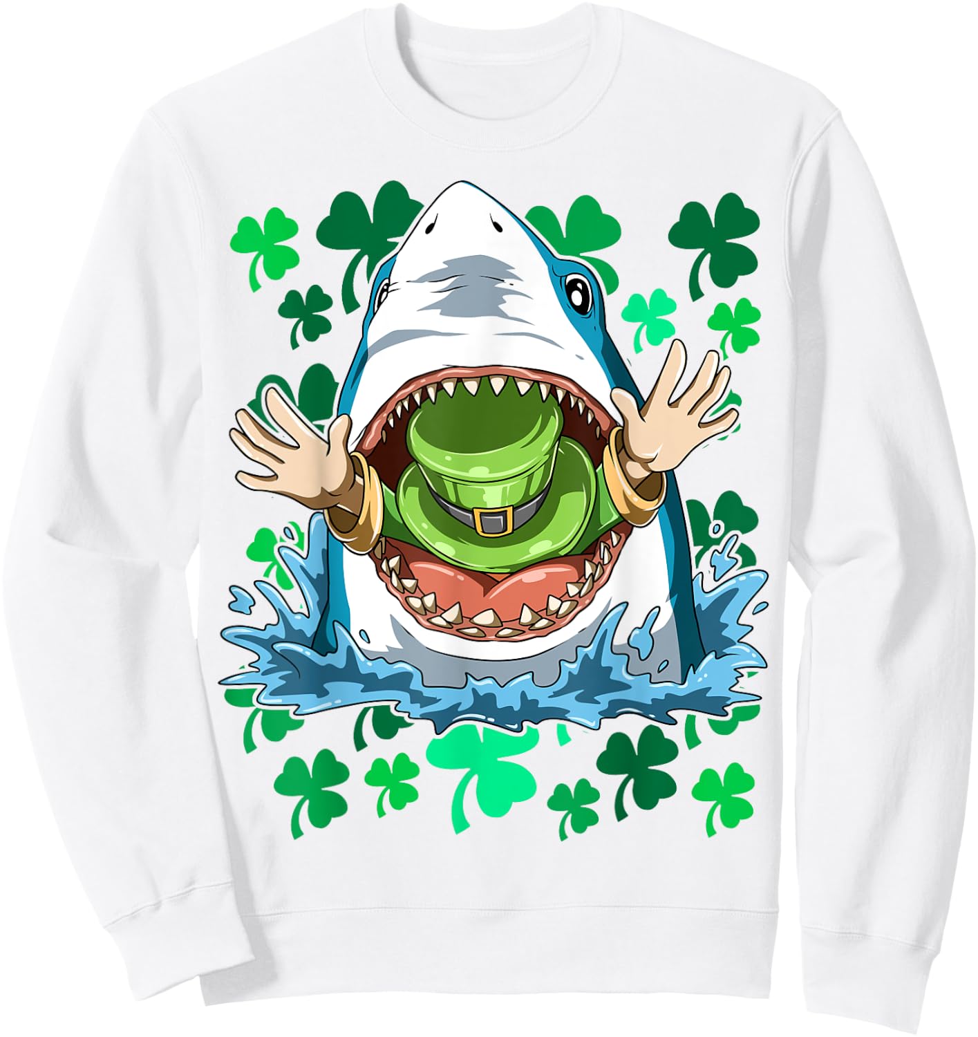 St. Patrick's Day Shark Eating Leprechaun Irish Shark Lovers Sweatshirt - Sweatshirt | White