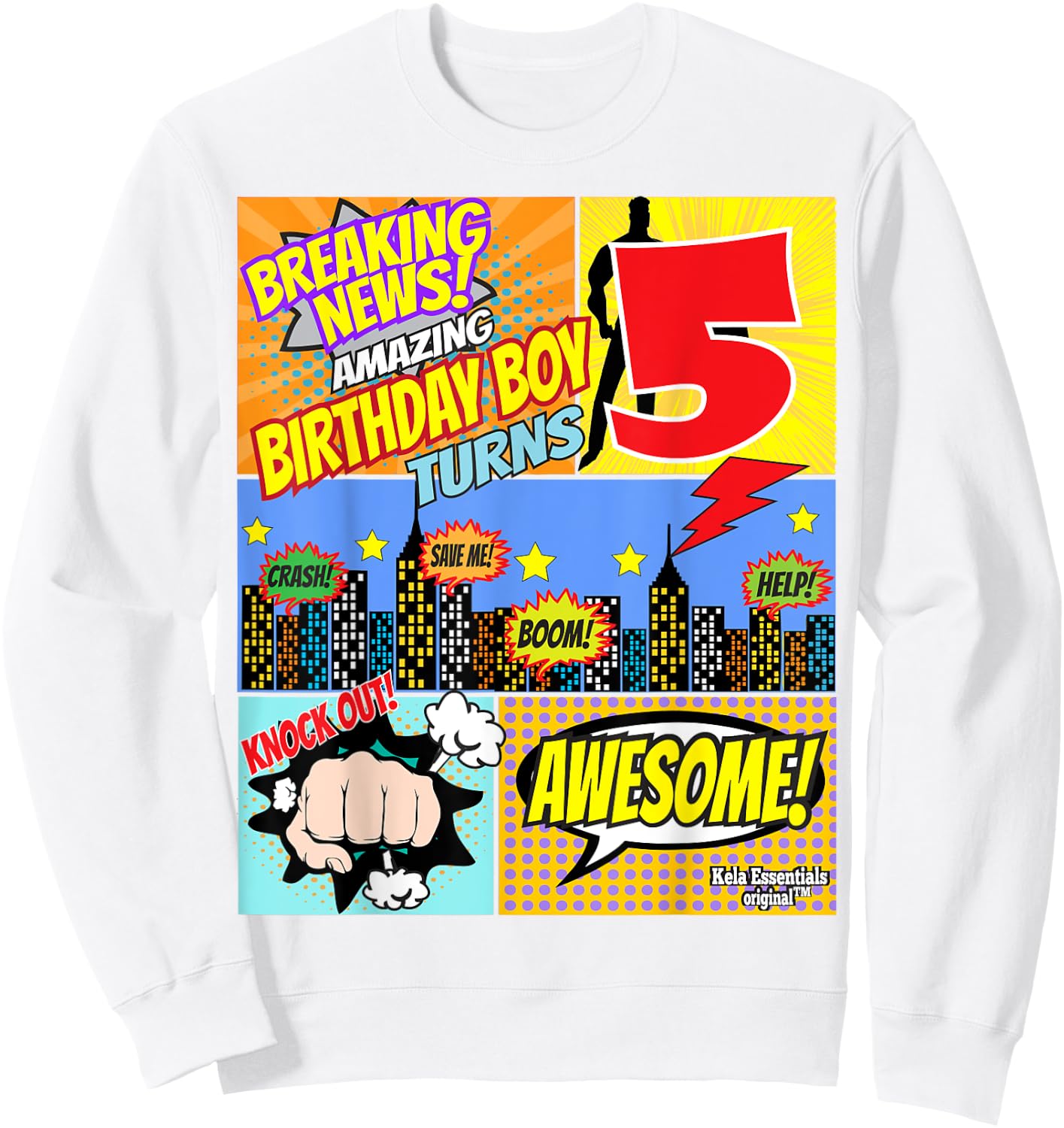 Birthday Boys Shirt Age 5 Superhero Comic Book Theme Party Sweatshirt - Sweatshirt | White