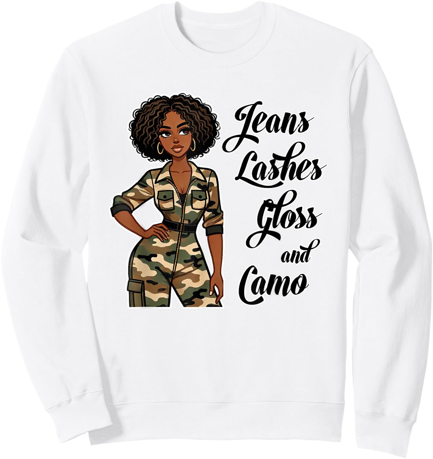 Jeans Lashes Gloss and Camo Black Woman Afro Sweatshirt - Sweatshirt | White