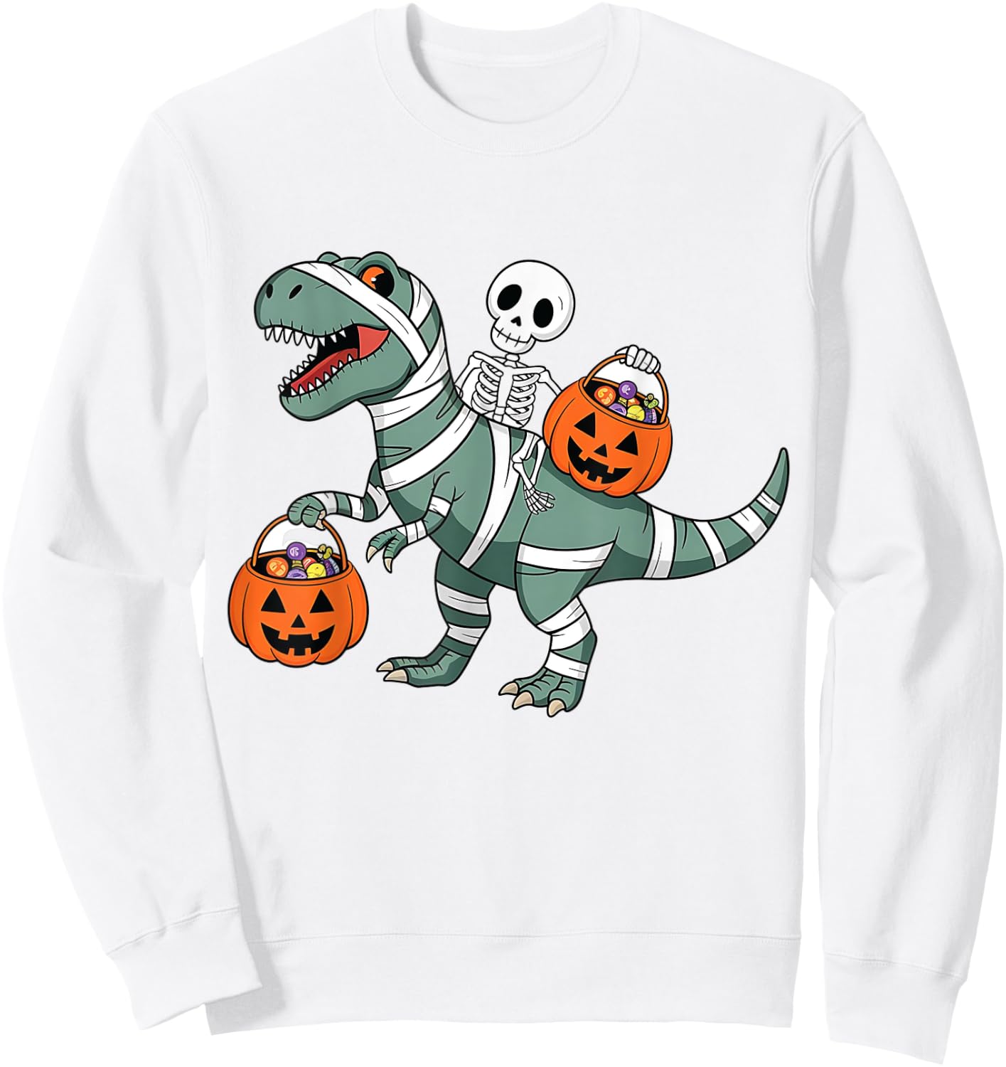Skeleton Riding Mummy Dinosaur T rex Halloween Funny Pumpkin Sweatshirt - Sweatshirt | White