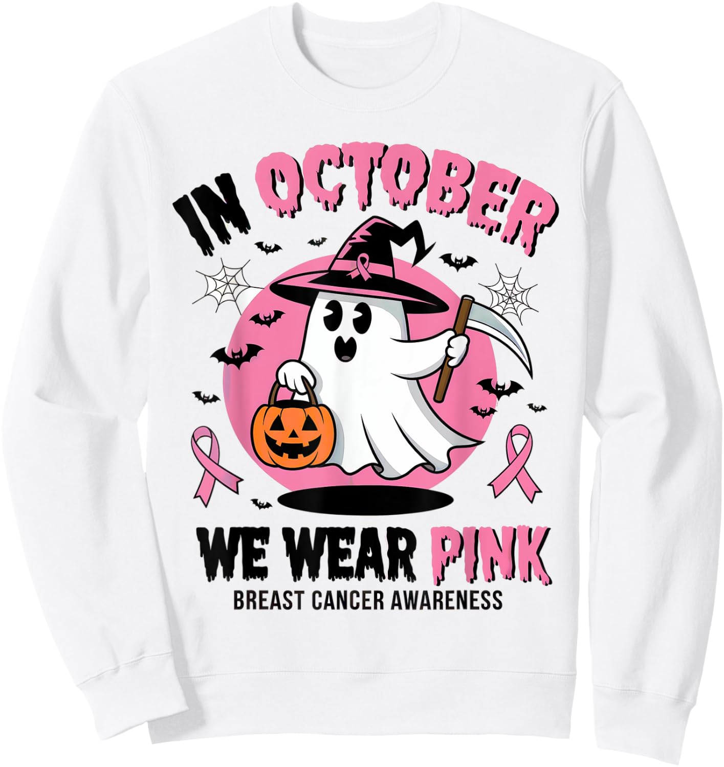 In October We Wear Pink Ghost Witch Breast Cancer Awareness Sweatshirt - Sweatshirt | White