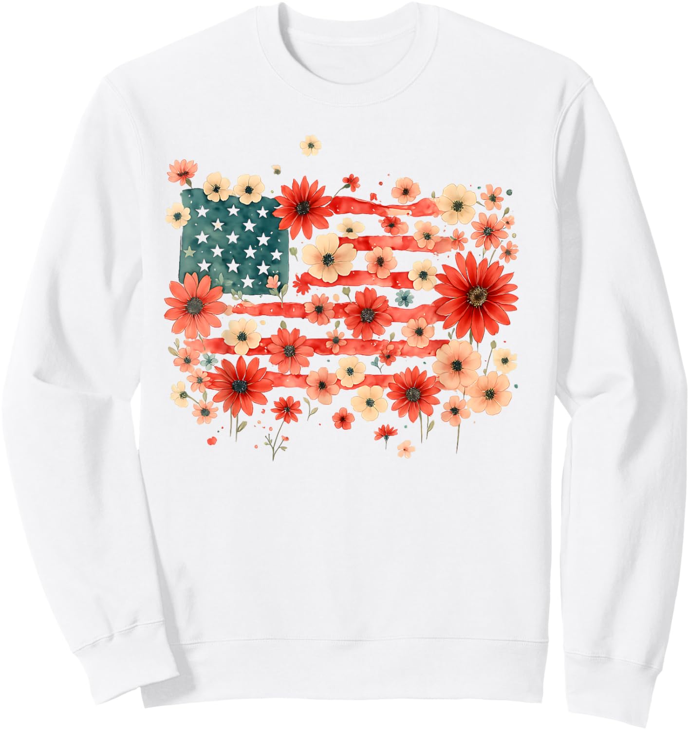 Floral American Flag Daisy 4th July Girls Women Patriotic Sweatshirt - Sweatshirt | White