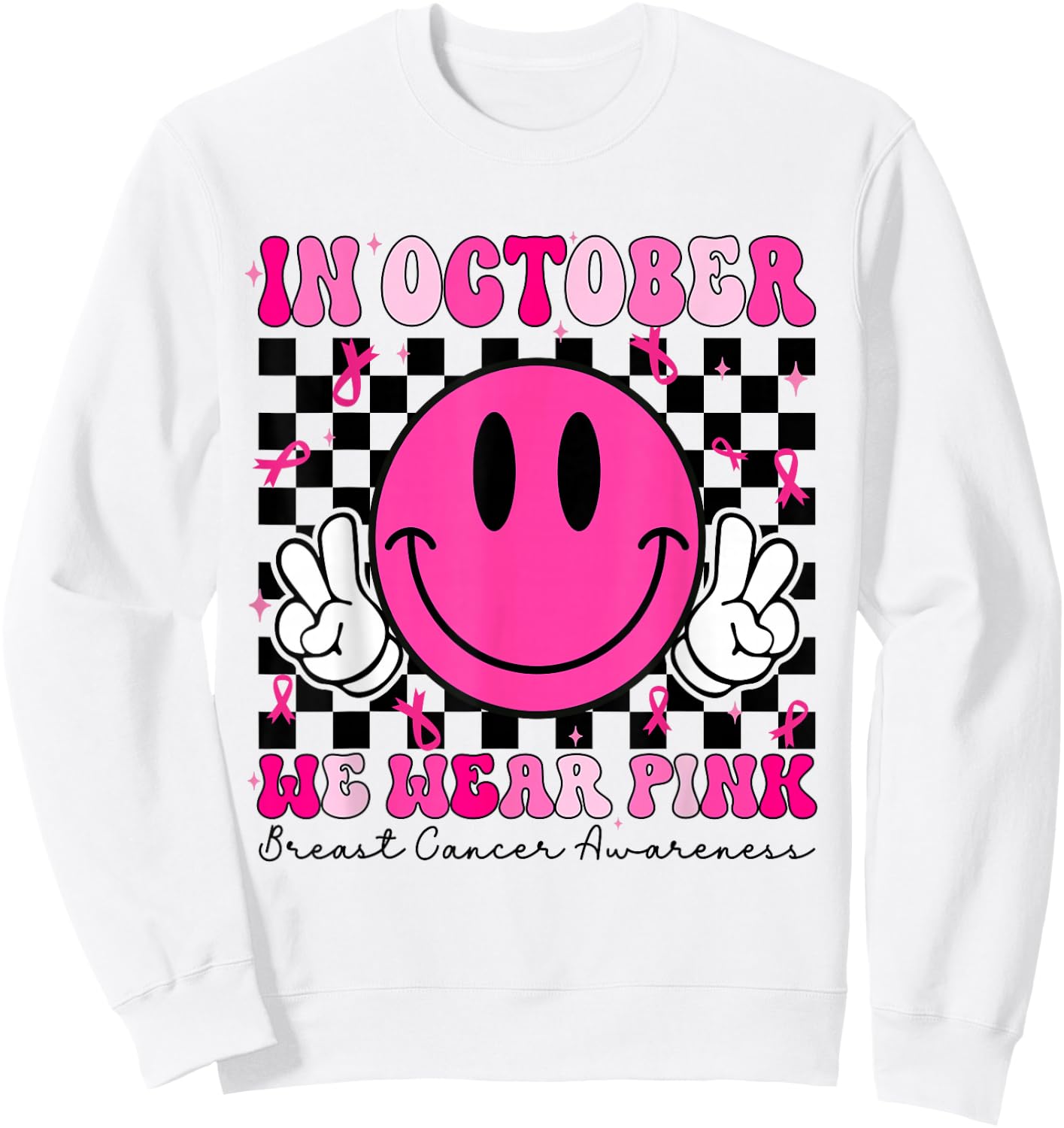 Groovy In October We Wear Pink Breast Cancer Awareness Sweatshirt - Sweatshirt | White