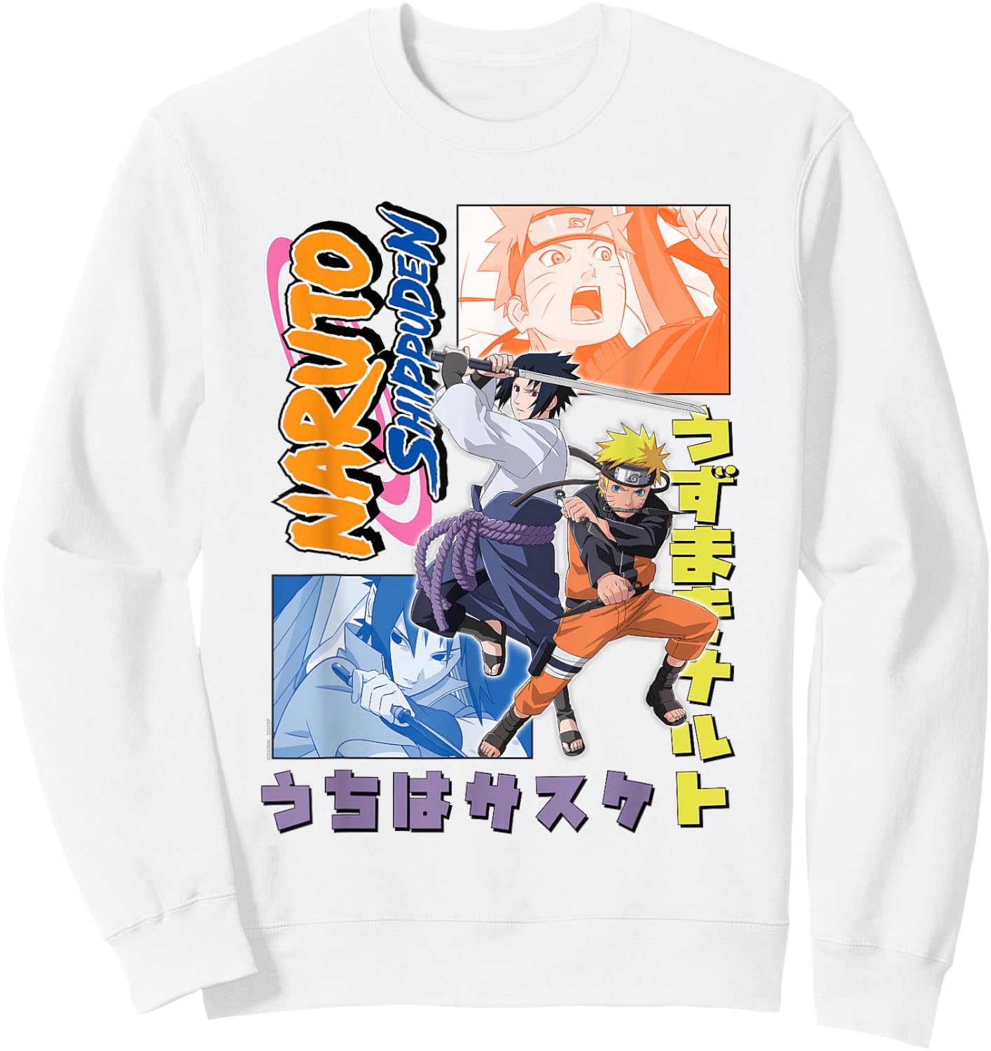 Naruto Shippuden Naruto Sasuke Kanji Collage Anime Sweatshirt - Sweatshirt | White