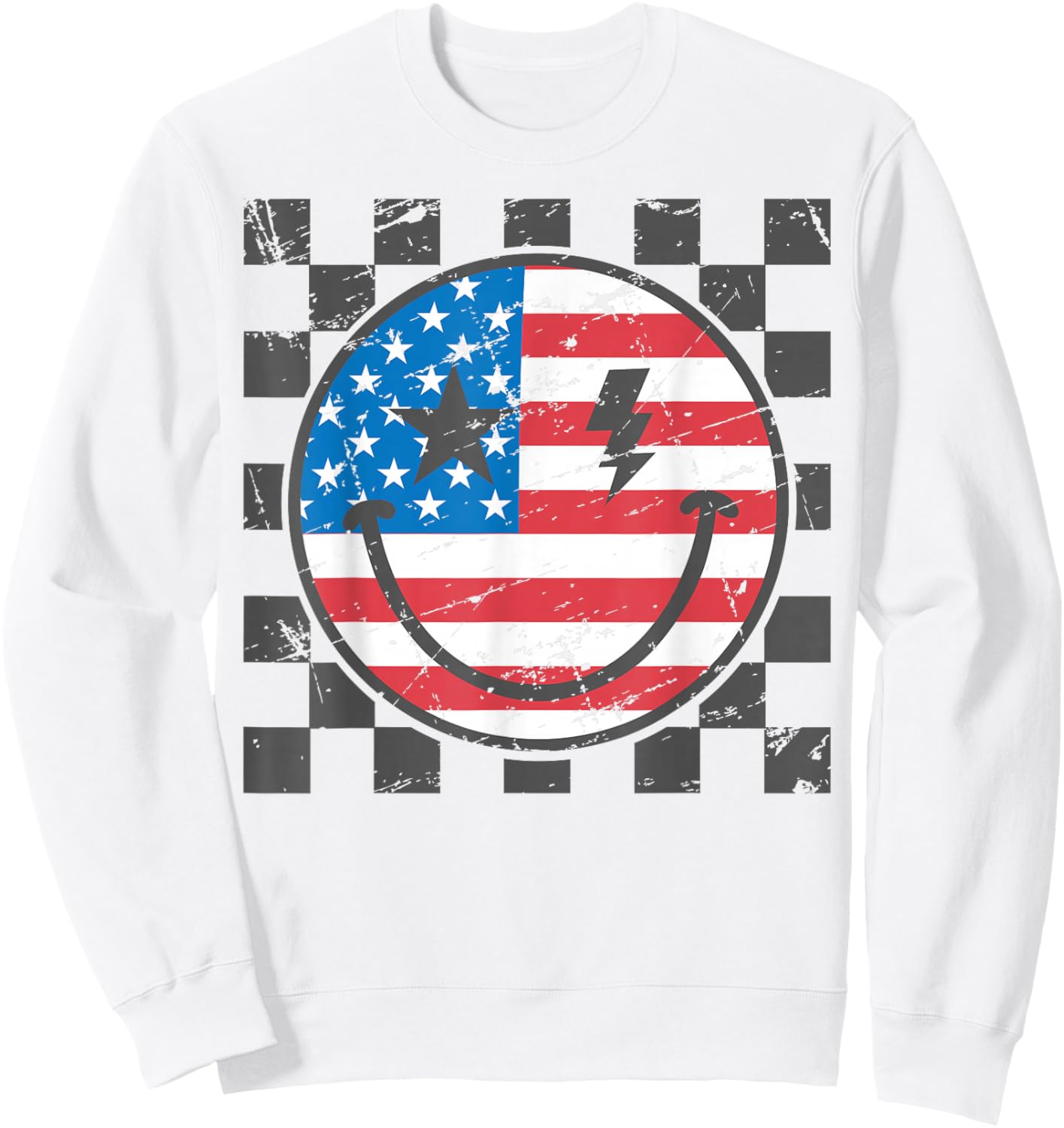 Happy 4th of July Groovy Smile Face Red White Blue USA Flag Sweatshirt - Sweatshirt | White