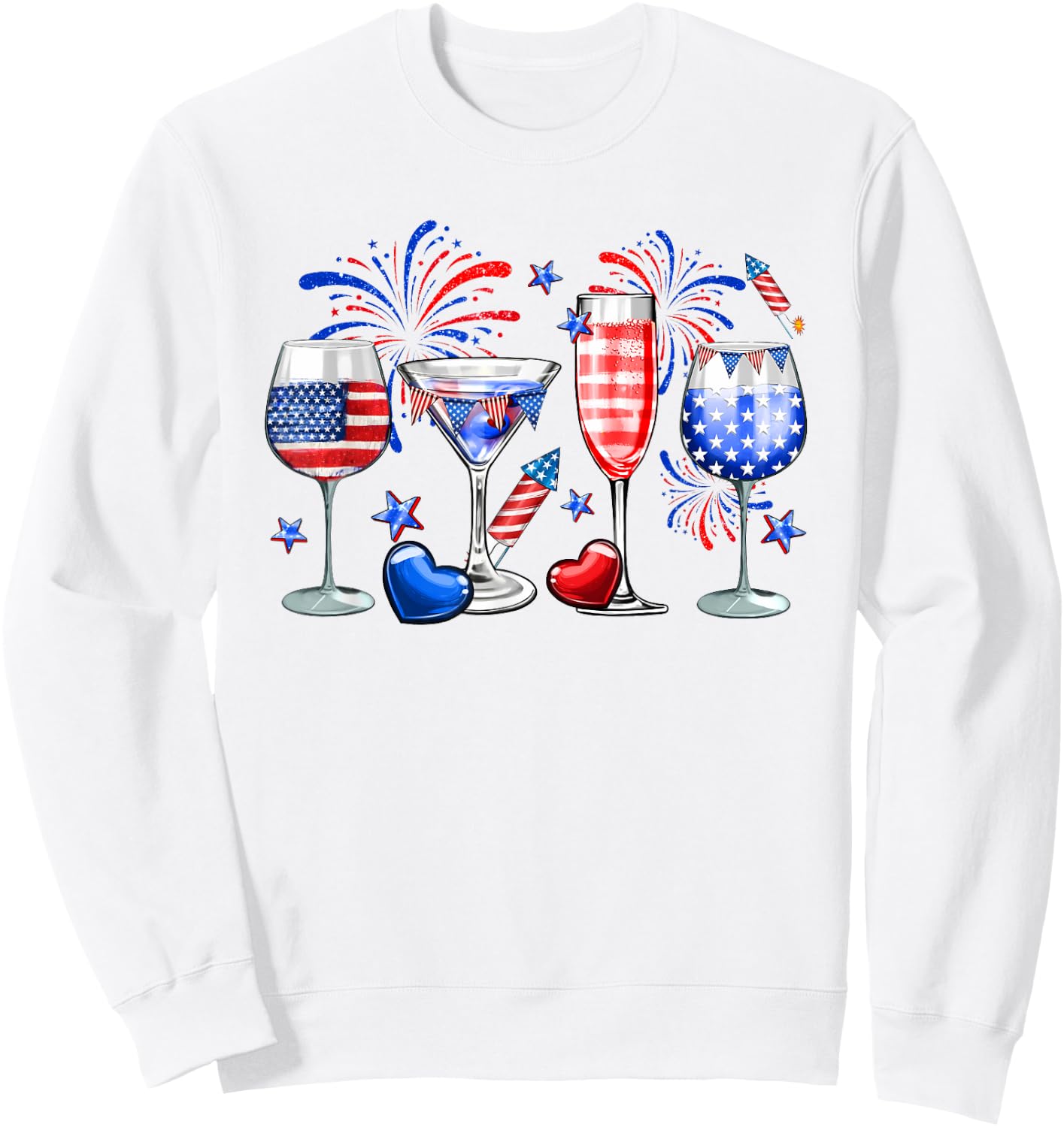 Wine Glasses 4th Of July Drinking Red White Blue USA Flag Sweatshirt - Sweatshirt | White