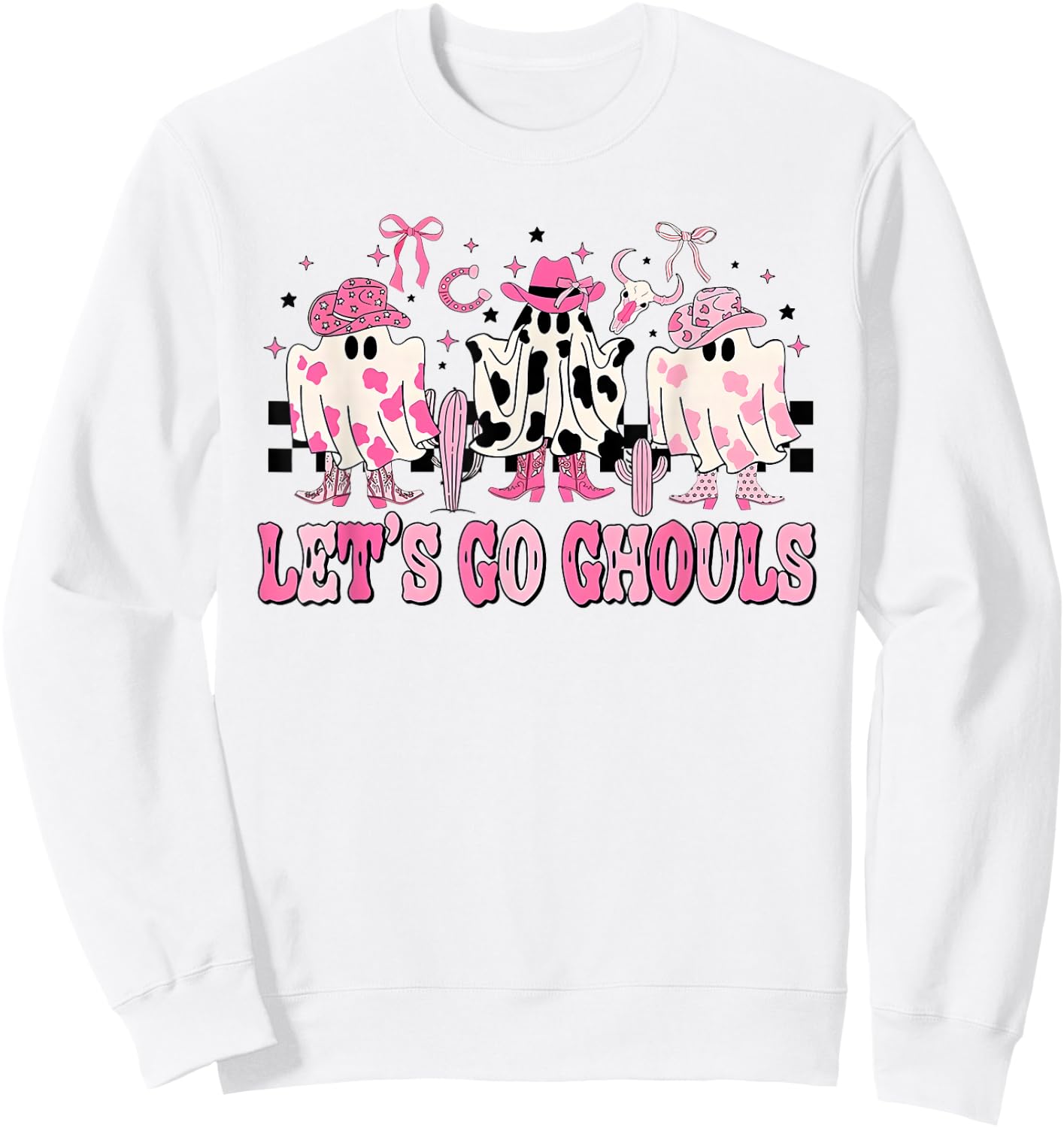 Lets Go Ghouls Groovy Pink Ghost Halloween Western Cowgirl Sweatshirt - Sweatshirt | White