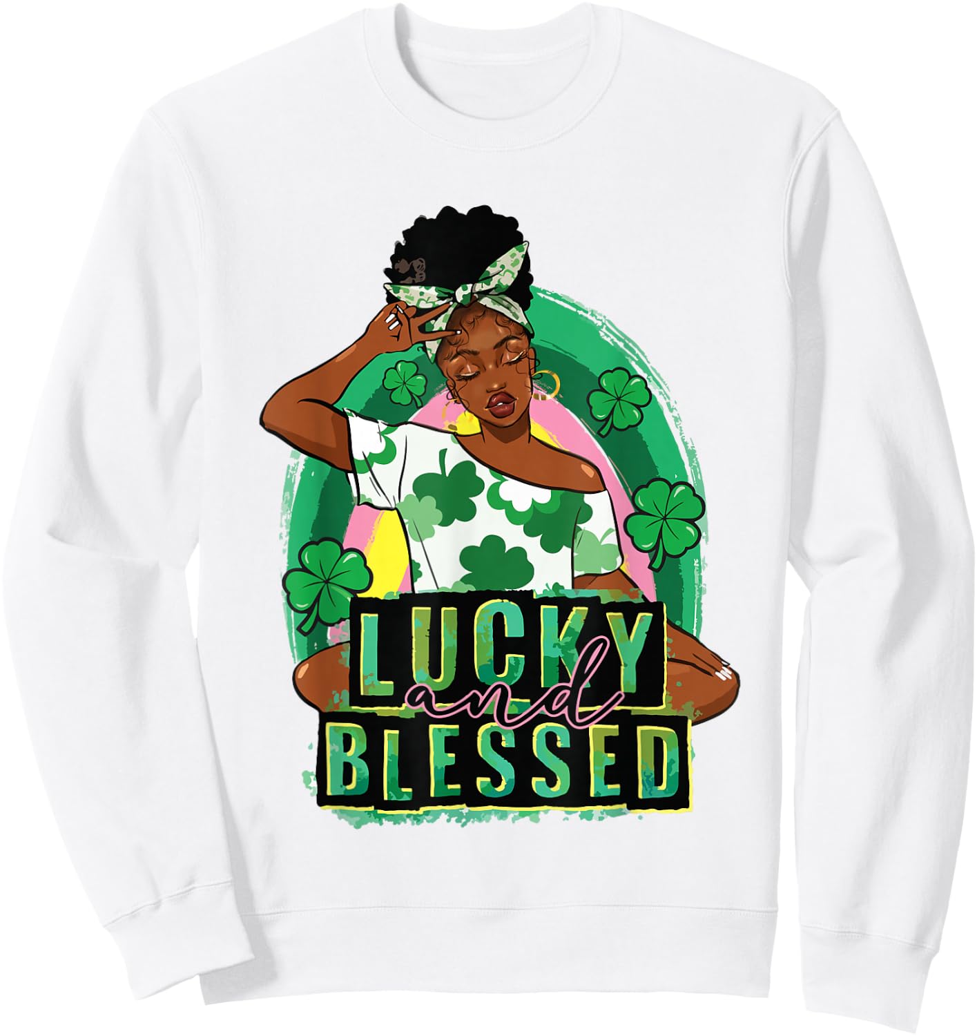 Lucky Blessed African Woman Afro Melanin St Patrick's Day Sweatshirt - Sweatshirt | White