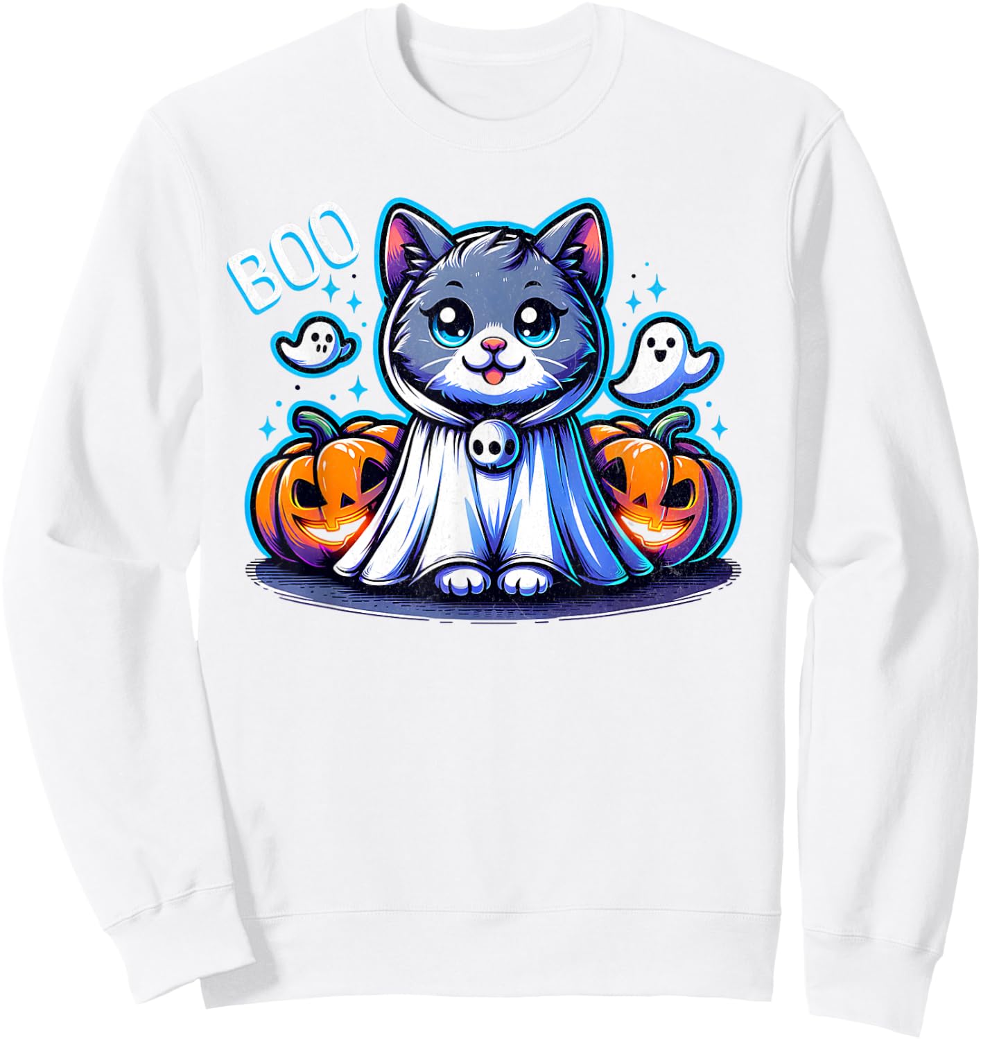 Ghost Cat Boo Funny Cat Pumpkin BOO Kitty Cat Halloween Women Kids Sweatshirt - Sweatshirt | White