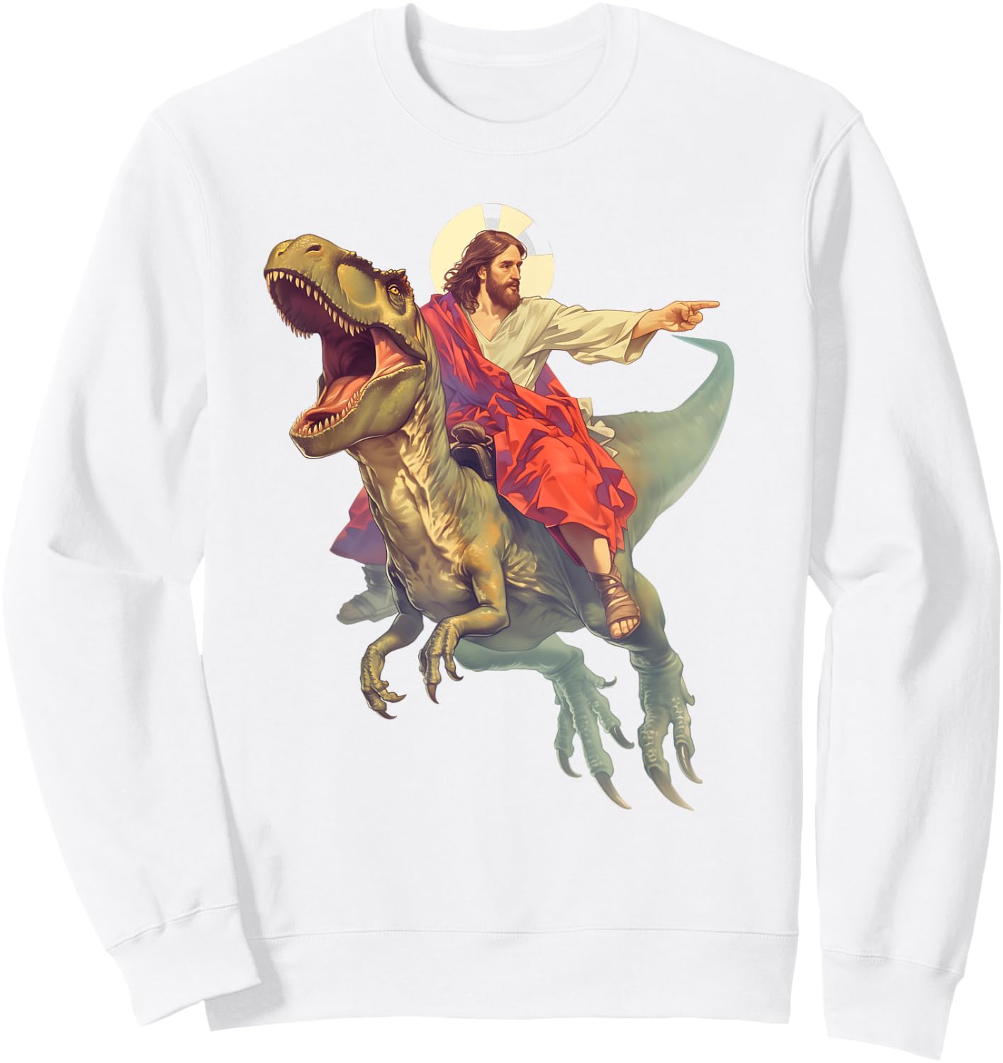 Jesus on Dinosaur | Funny Meme Oddly Specific Weird Ironic Sweatshirt - Sweatshirt | White