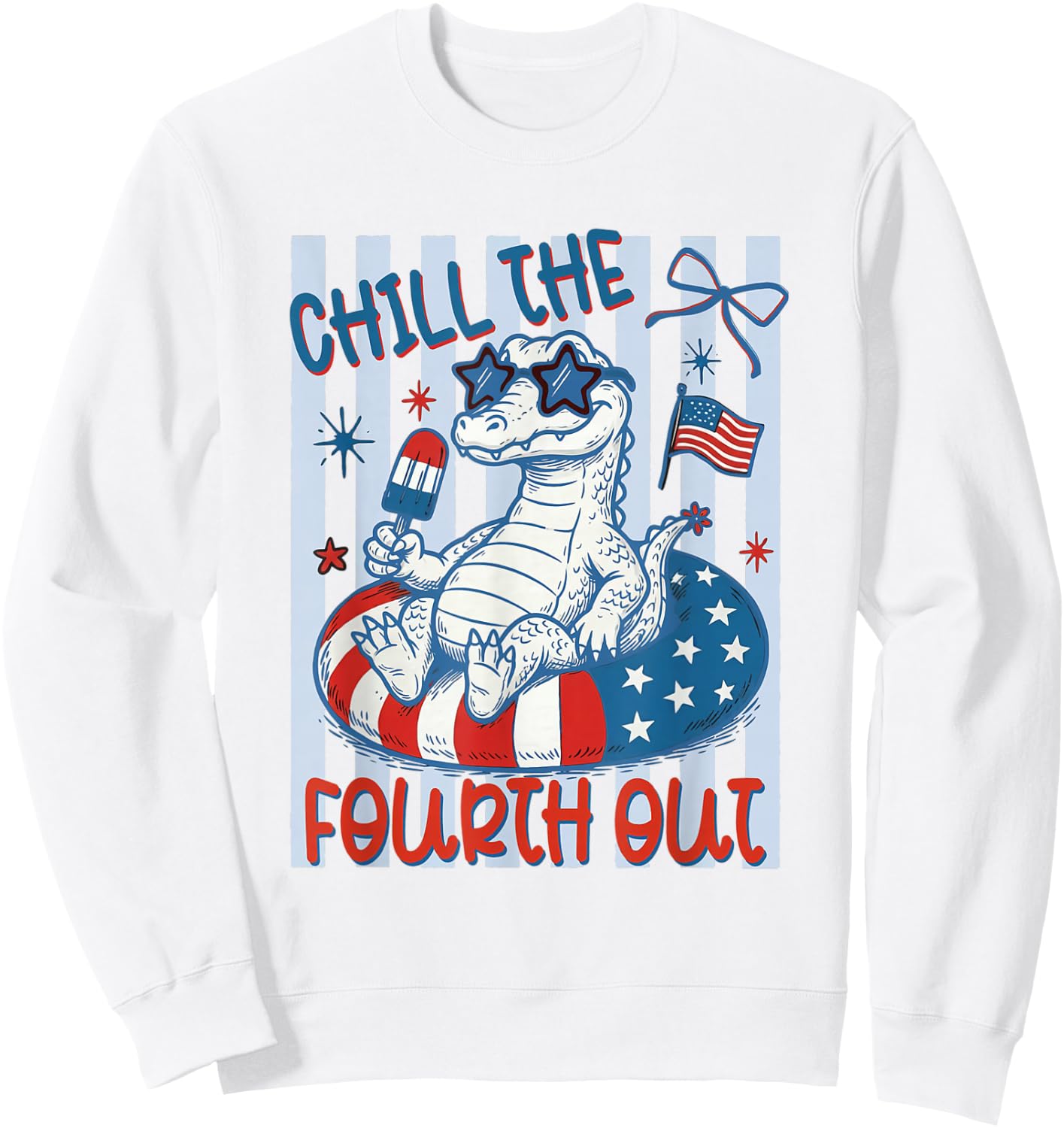 Striped Chill the Fourth Out Crocodile American Flag Gator Sweatshirt - Sweatshirt | White