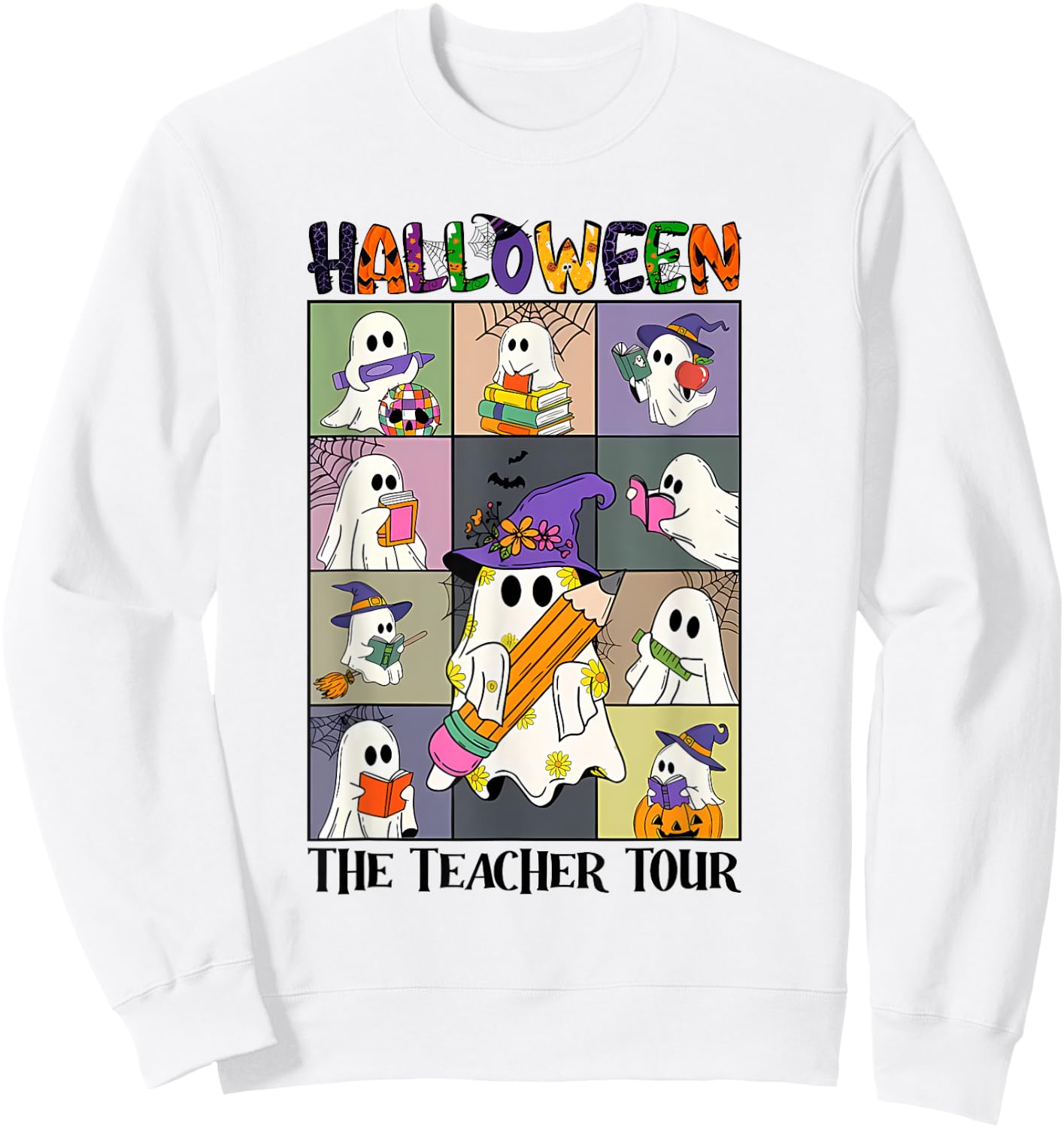 Women Halloween The Teacher Tour Ghosts Pencil Pumpkins Sweatshirt - Sweatshirt | White