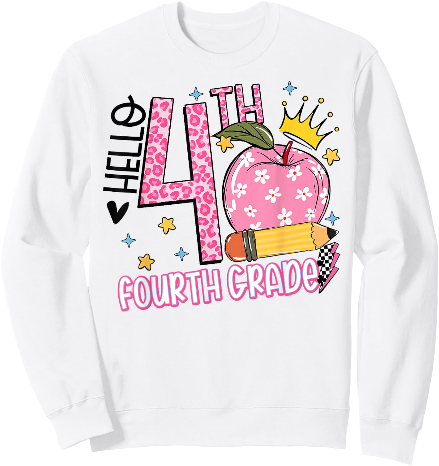 Hello 4th Fourth Grade Back To School Teacher Pink Leopard Women Girls Kids Sweatshirt - Sweatshirt | White
