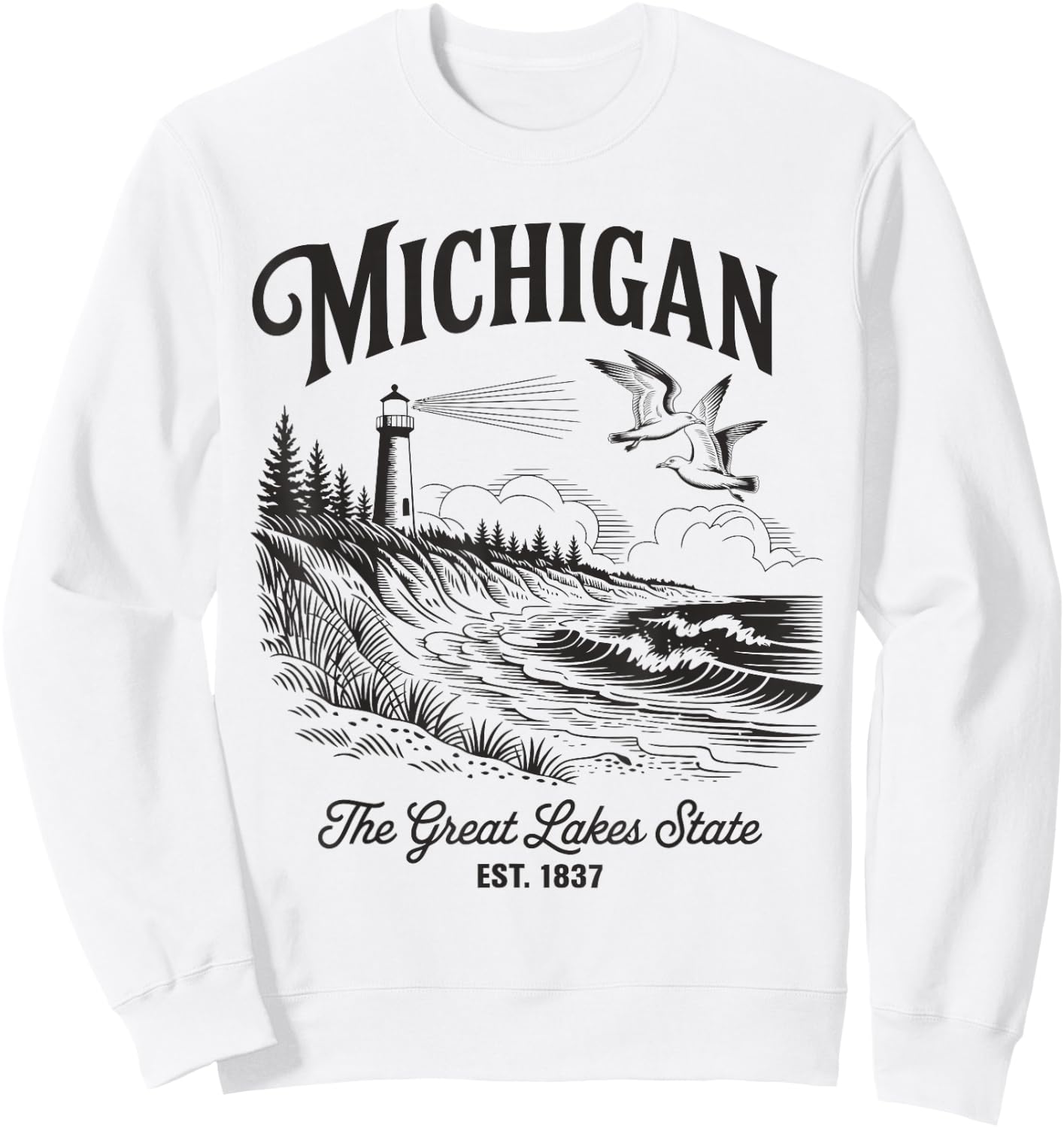 Michigan Lighthouse Waves Scene The Great Lakes State Nature Sweatshirt - Sweatshirt | White