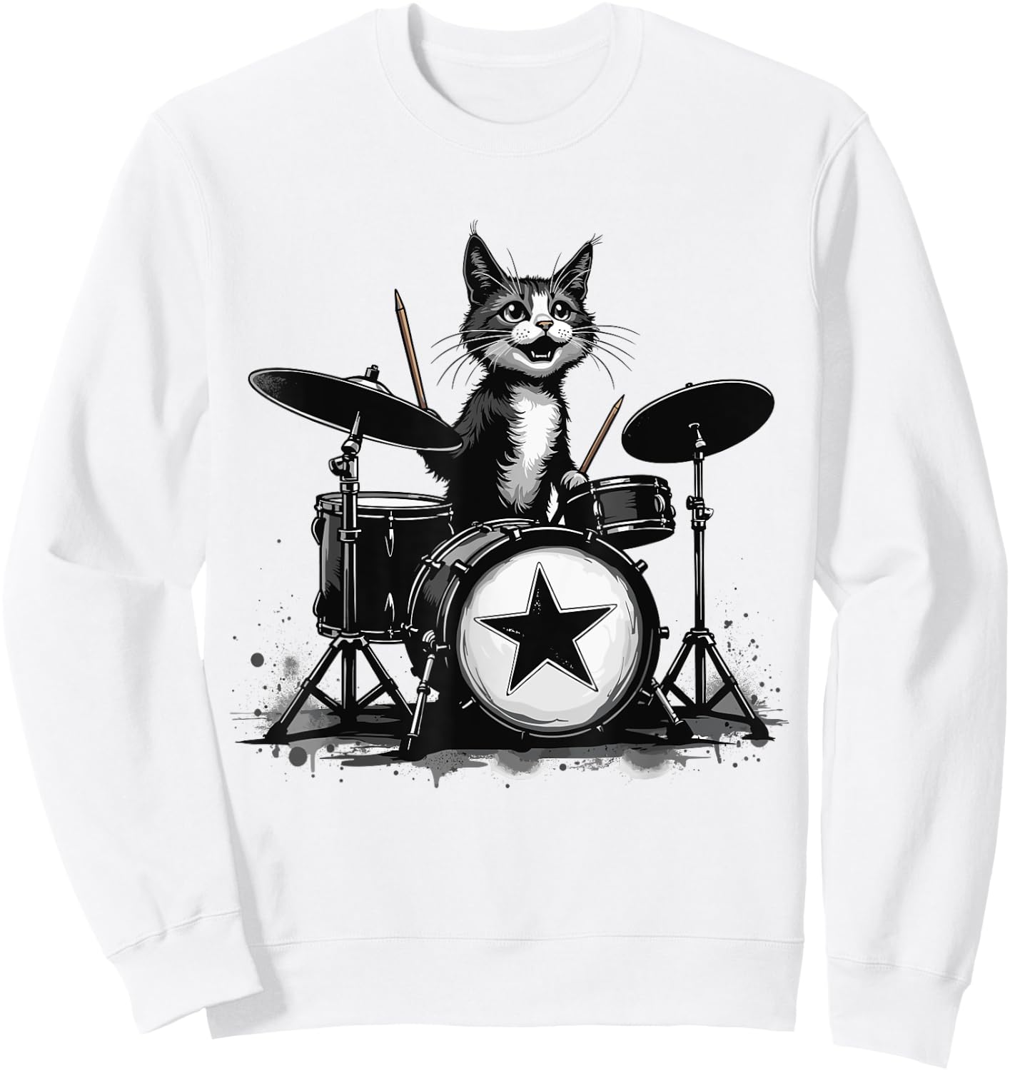 Punk Rockstar Kitten Kitty Cat Drummer Playing Drums Graphic Sweatshirt - Sweatshirt | White