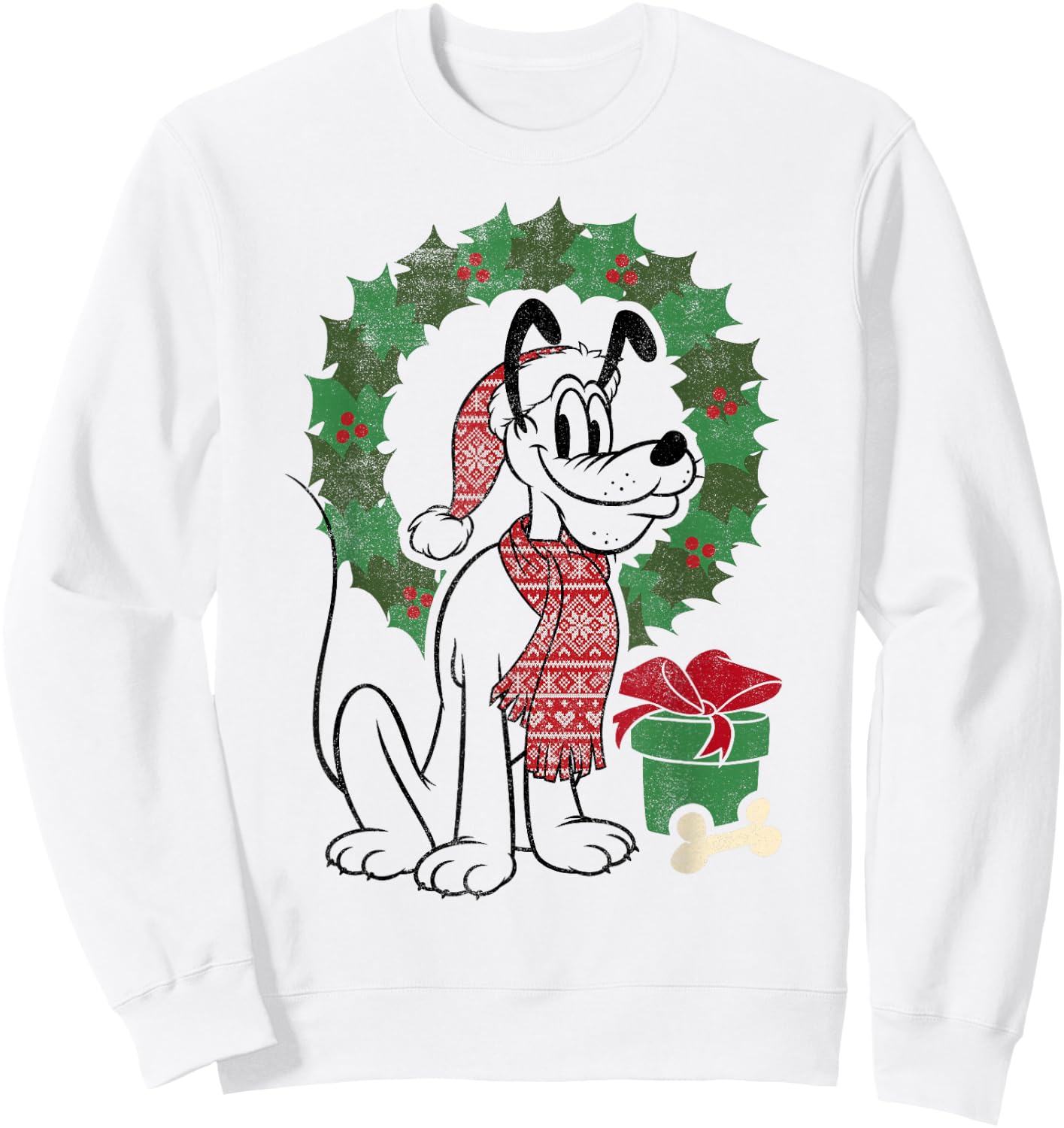 Disney Mickey And Friends Christmas Pluto Wreath Portrait Sweatshirt - Sweatshirt | White