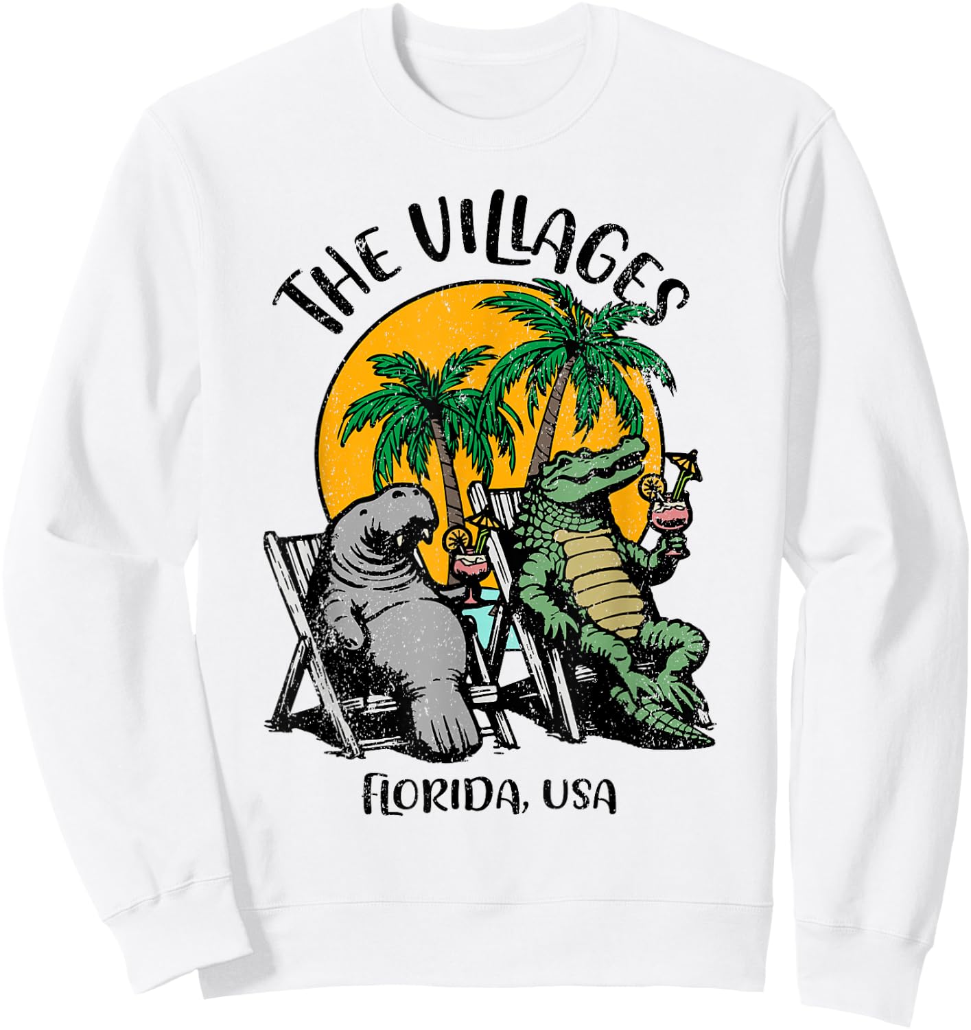 Villages Florida USA Funny Manatee Alligator Design Sweatshirt - Sweatshirt | White