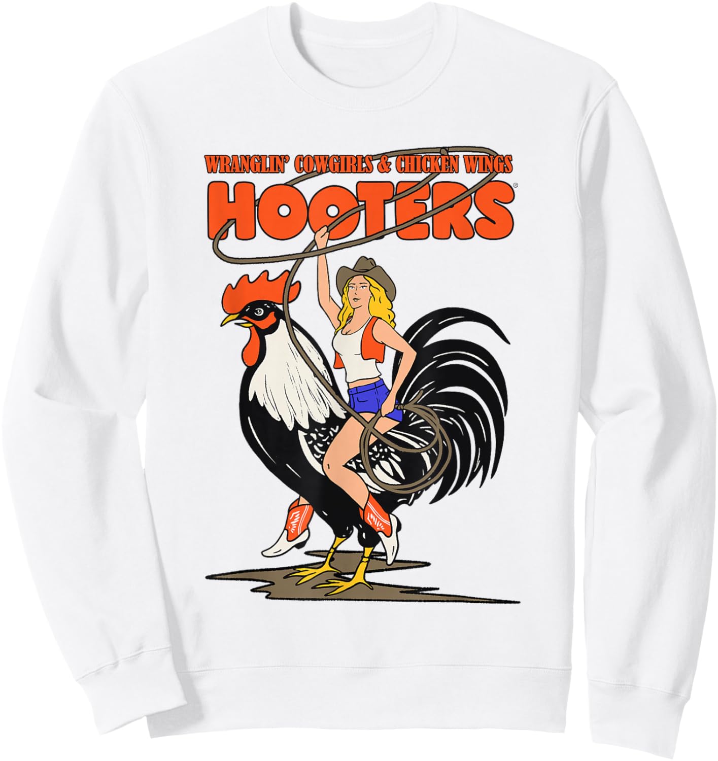 Hooters Wranglin' Cowgirl Riding Rooster Sweatshirt - Sweatshirt | White
