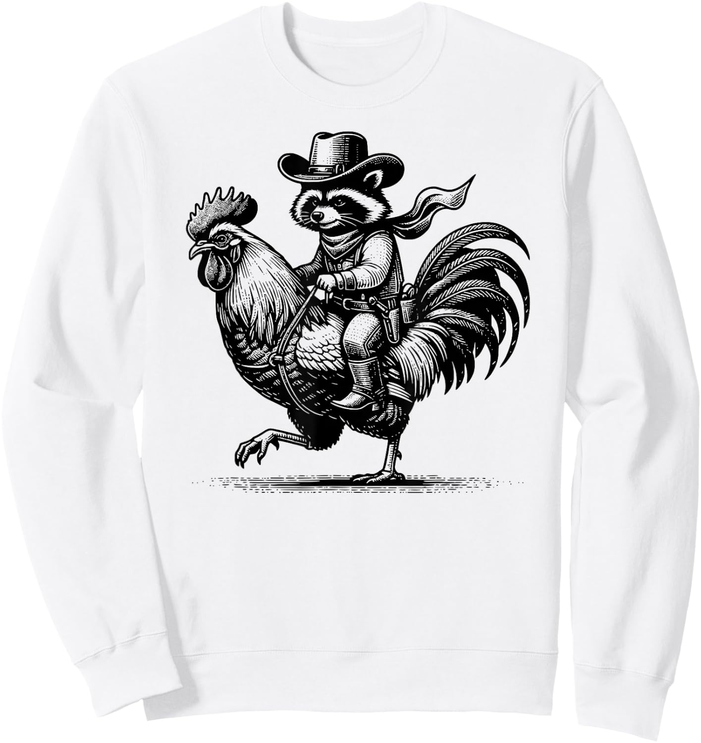 Funny Raccoon With Cowboy Hat & Boots Riding Rooster Vintage Sweatshirt - Sweatshirt | White