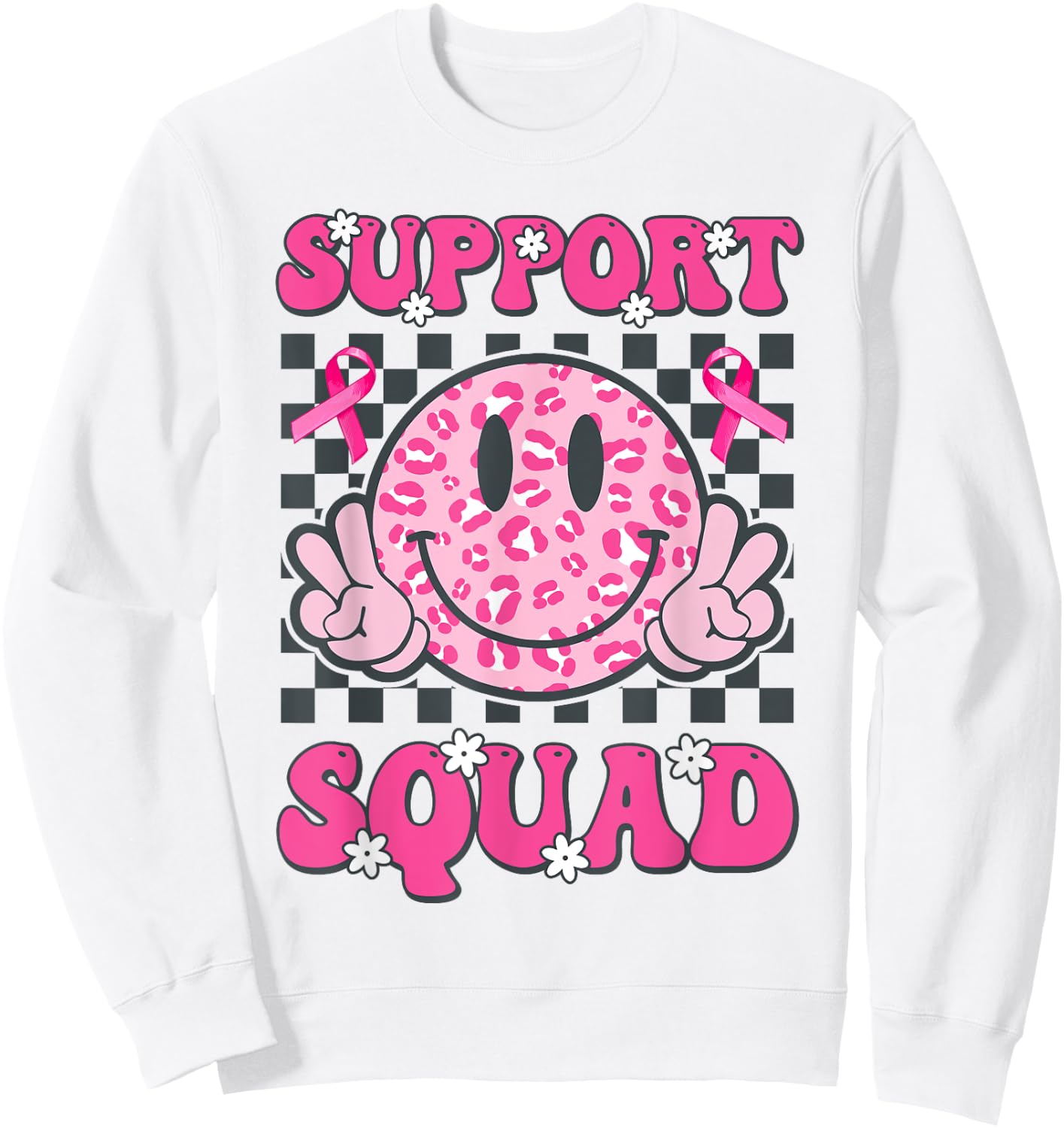 Support Squad Breast Cancer Awareness Smile Face Pink Ribbon Sweatshirt - Sweatshirt | White
