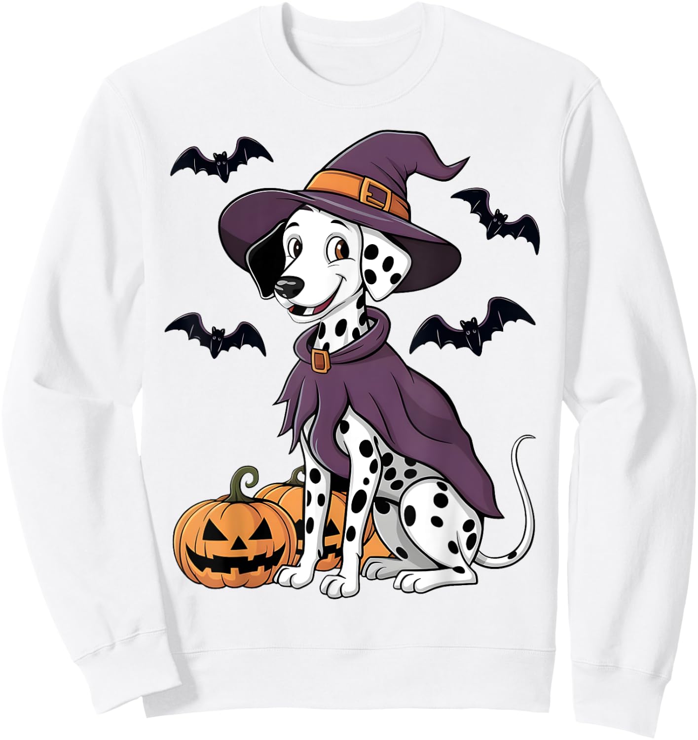 Scary Pumpkin Bat Funny Witch Hat Dalmatian Dog Halloween Sweatshirt - Sweatshirt | White