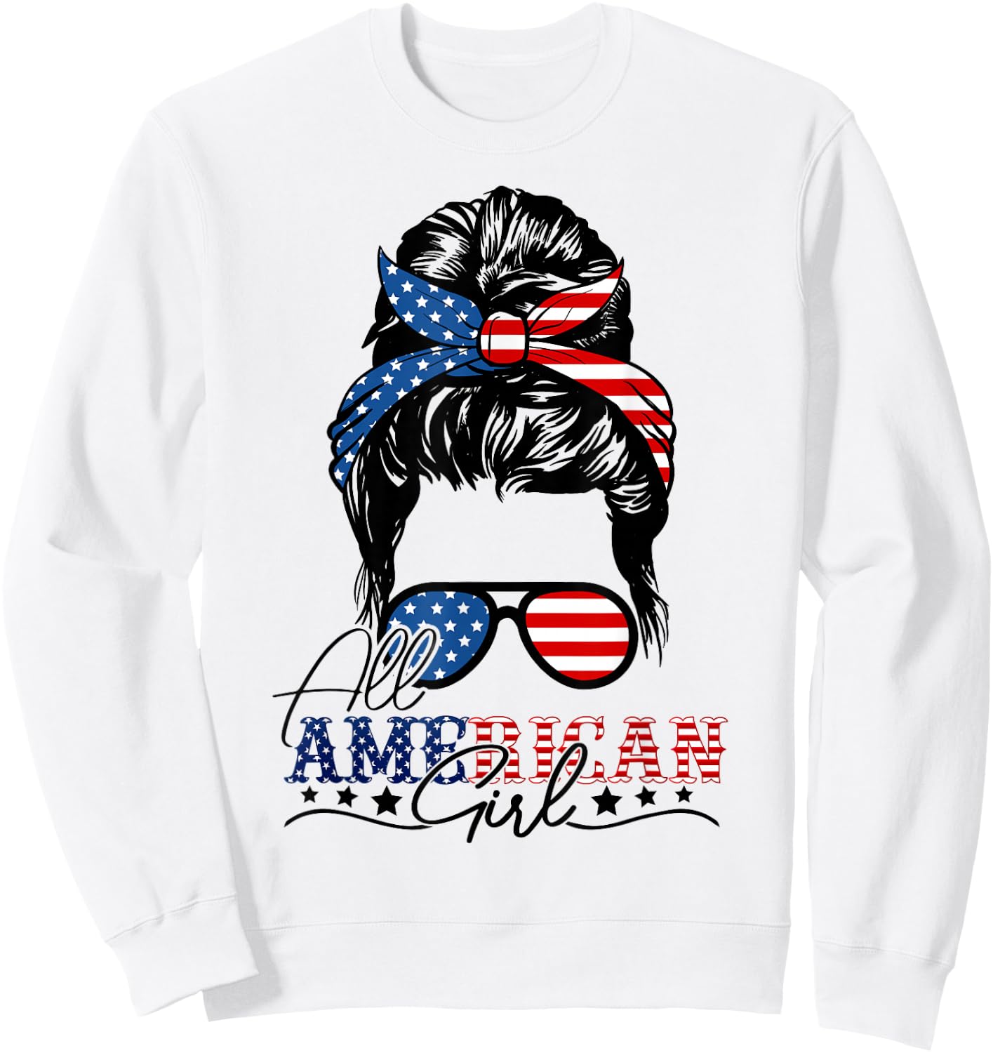 4th of July Messy Bun All American Girls USA Flag For Girls Sweatshirt - Sweatshirt | White