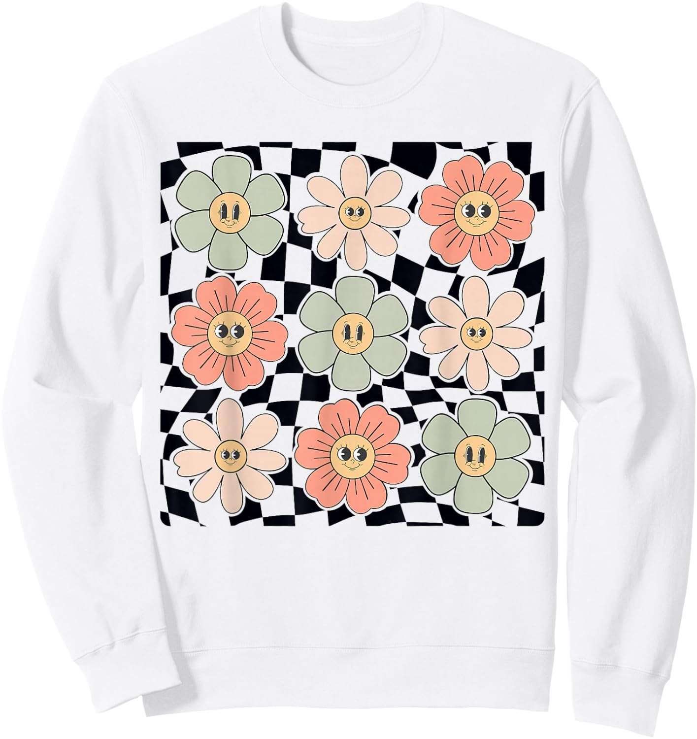 Retro Colorful Checkered Pattern Checkerboard Daisy Flowers Sweatshirt - Sweatshirt | White