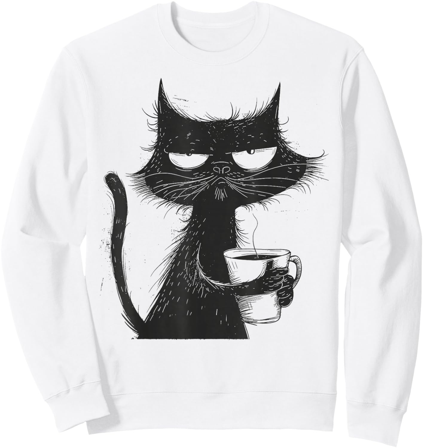 Funny Angry Cat With Coffee Mug Graphic Sweatshirt - Sweatshirt | White