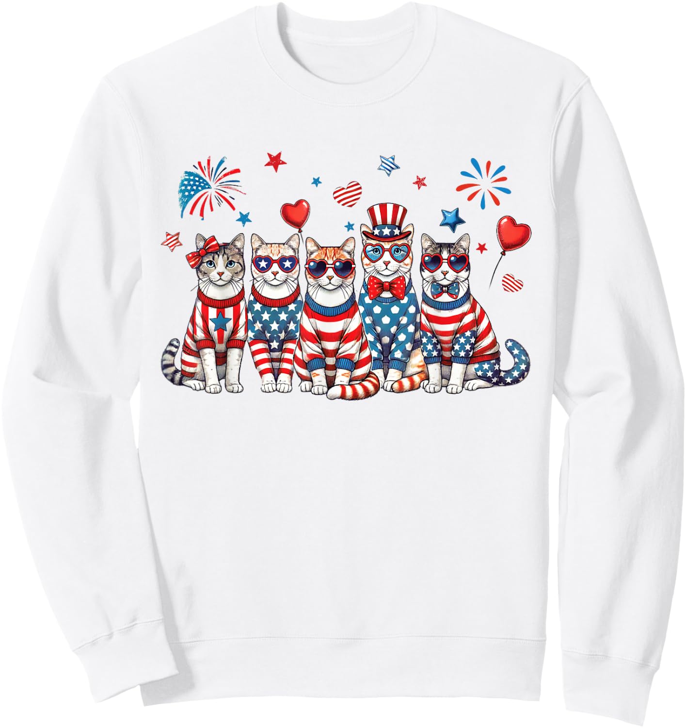 Patriotic Cats Wearing Red White Blue Glasses Fireworks USA Sweatshirt - Sweatshirt | White
