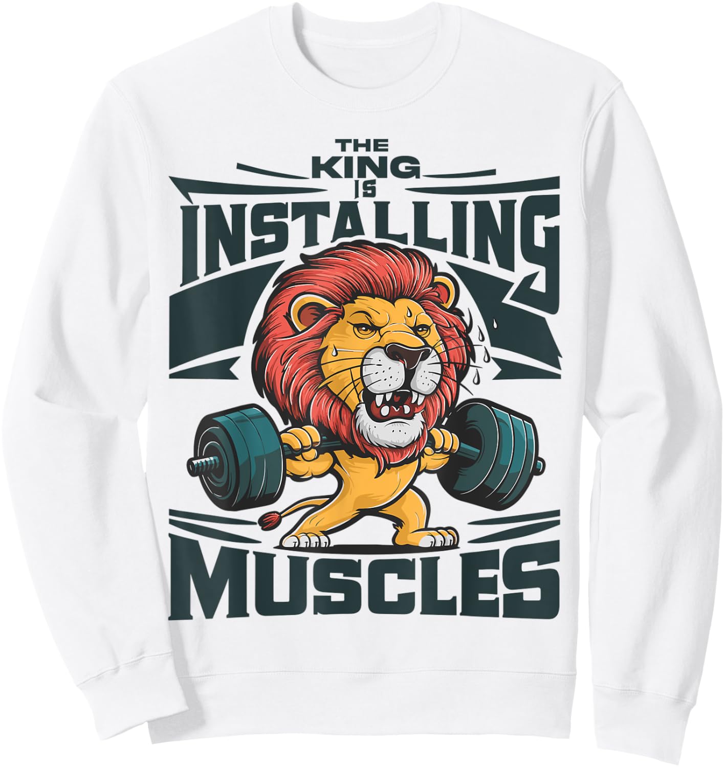 Funny Lion Installing Muscles Please Wait Lifting Barbell Sweatshirt - Sweatshirt | White