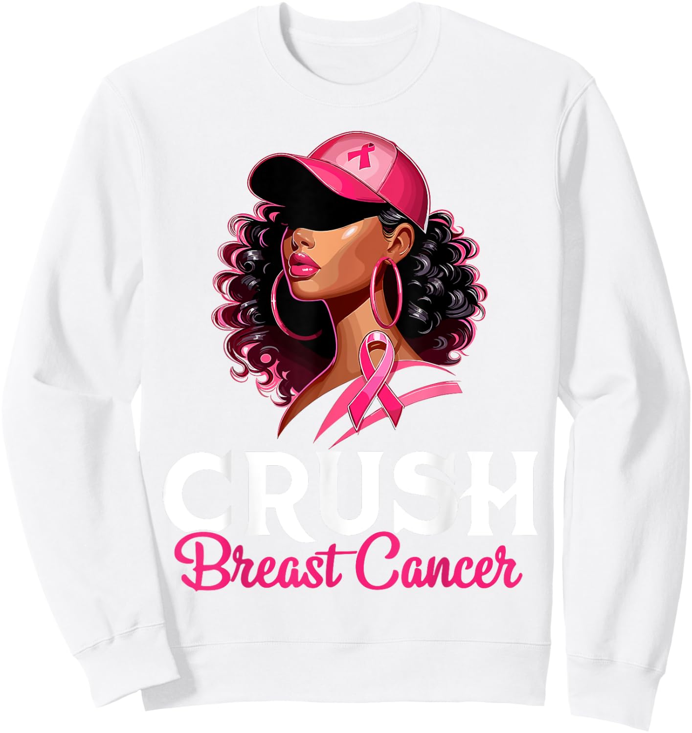 Crush Breast Cancer Awareness Black Afro Woman Pink Ribbon Sweatshirt - Sweatshirt | White