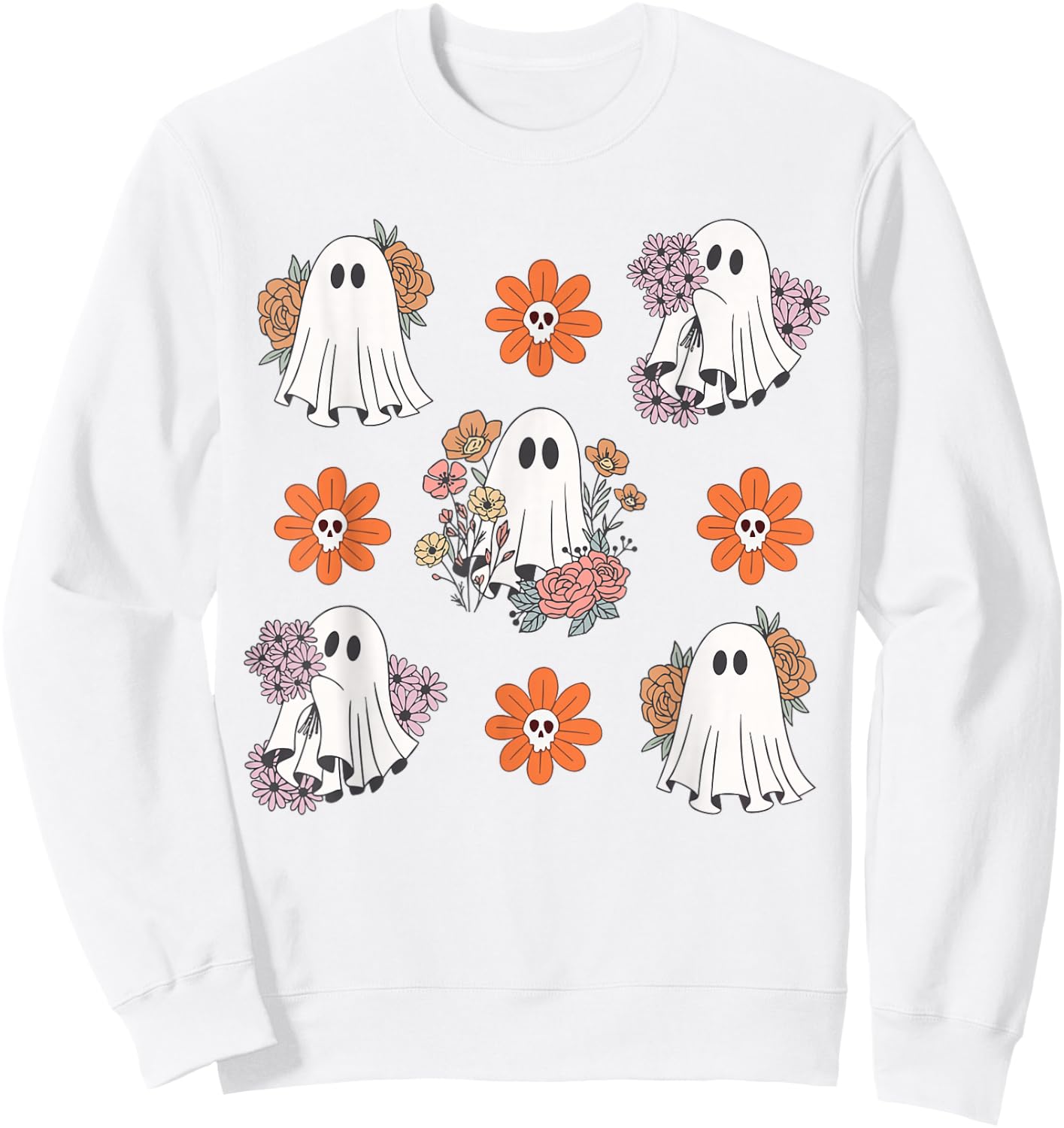 Cute Ghost Flower Halloween Pumpkin Spooky Season Women Kids Sweatshirt - Sweatshirt | White