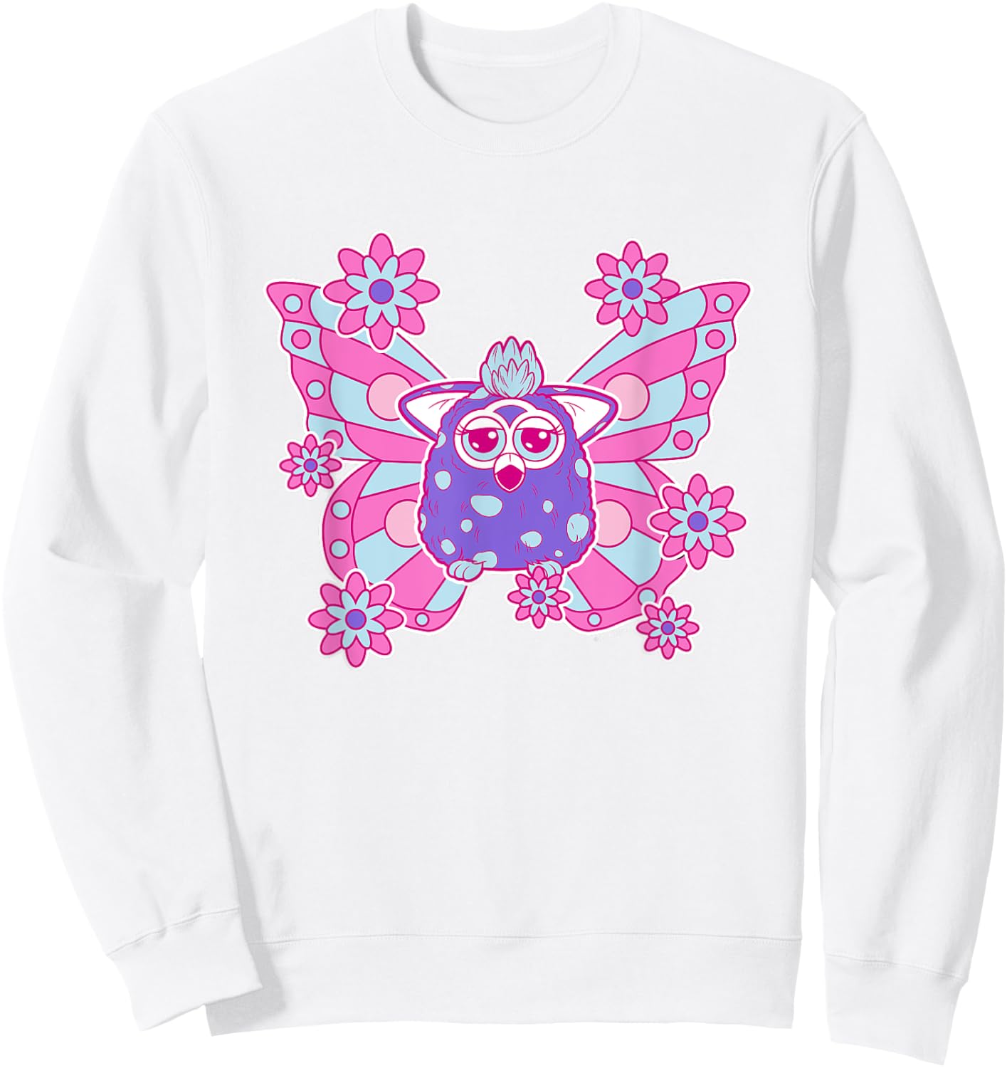 Furby Cute Purple Butterfly Floral Big Chest Logo Sweatshirt - Sweatshirt | White