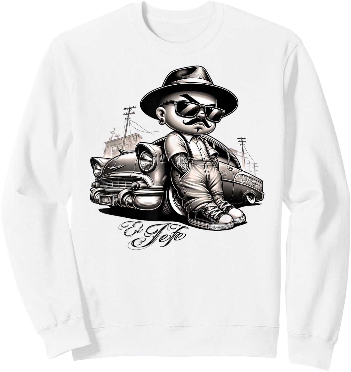 EL JEFE Bomba Lowrider Chicano Homie Tattoo Cholo Pachuco Sweatshirt - Sweatshirt | White