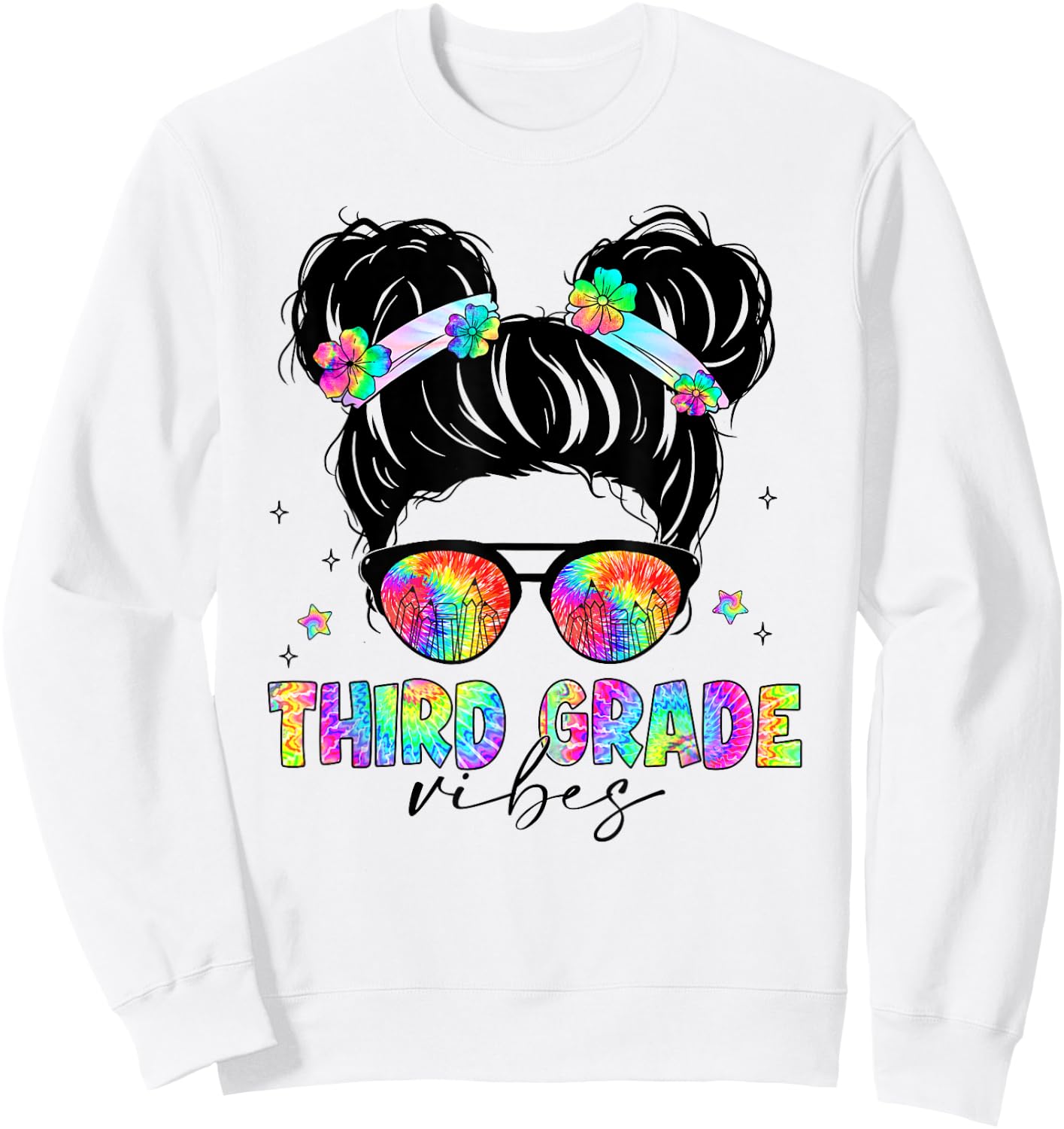 Tie Dye Messy Bun Back To School Shirt Third Grade Vibes Sweatshirt - Sweatshirt | White