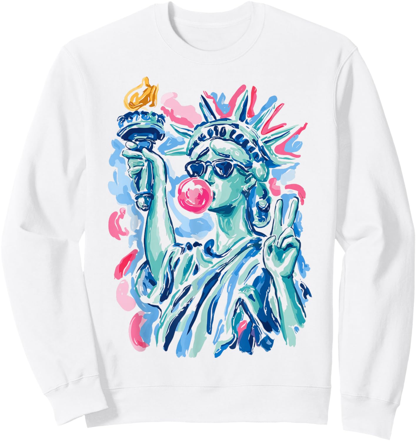 Statue of Liberty Blowing Bubble Gum Patriotic 4th of July Sweatshirt - Sweatshirt | White