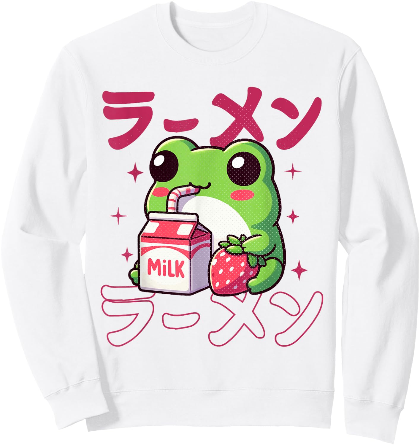 Cute Retro Japanese Kawaii Anime Frog Strawberry Milk Shake Sweatshirt - Sweatshirt | White