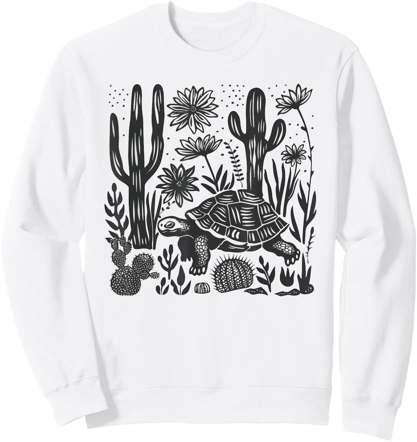 Mexican Linocut Print Mojave Desert Tortoise Cacti Landscape Sweatshirt - Sweatshirt | White