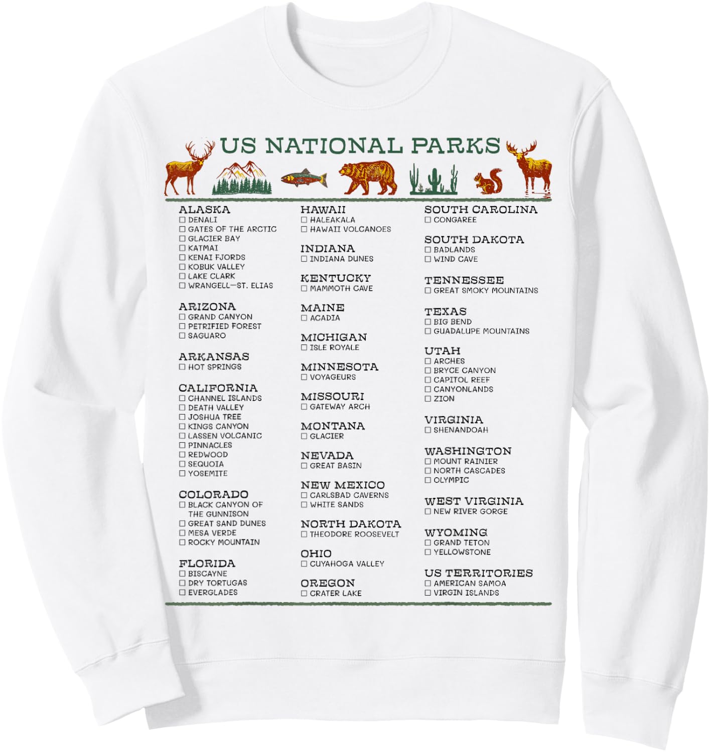 US National Parks List by State Check Off Checklist Souvenir Sweatshirt - Sweatshirt | White
