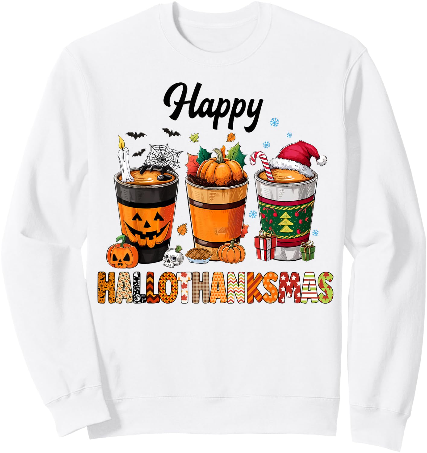 Happy Hallothanksmas Halloween Coffee Latte Thanksgiving Sweatshirt - Sweatshirt | White