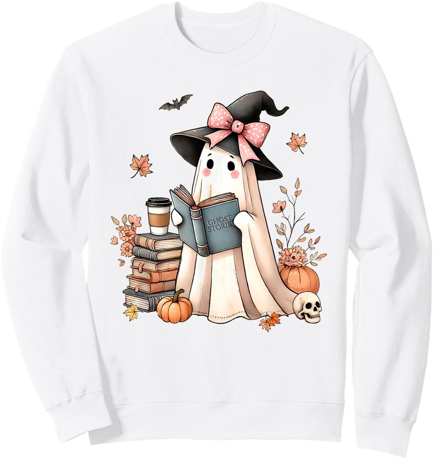 Cute Ghost Reading Book Librarian Book Lover Sweatshirt - Sweatshirt | White