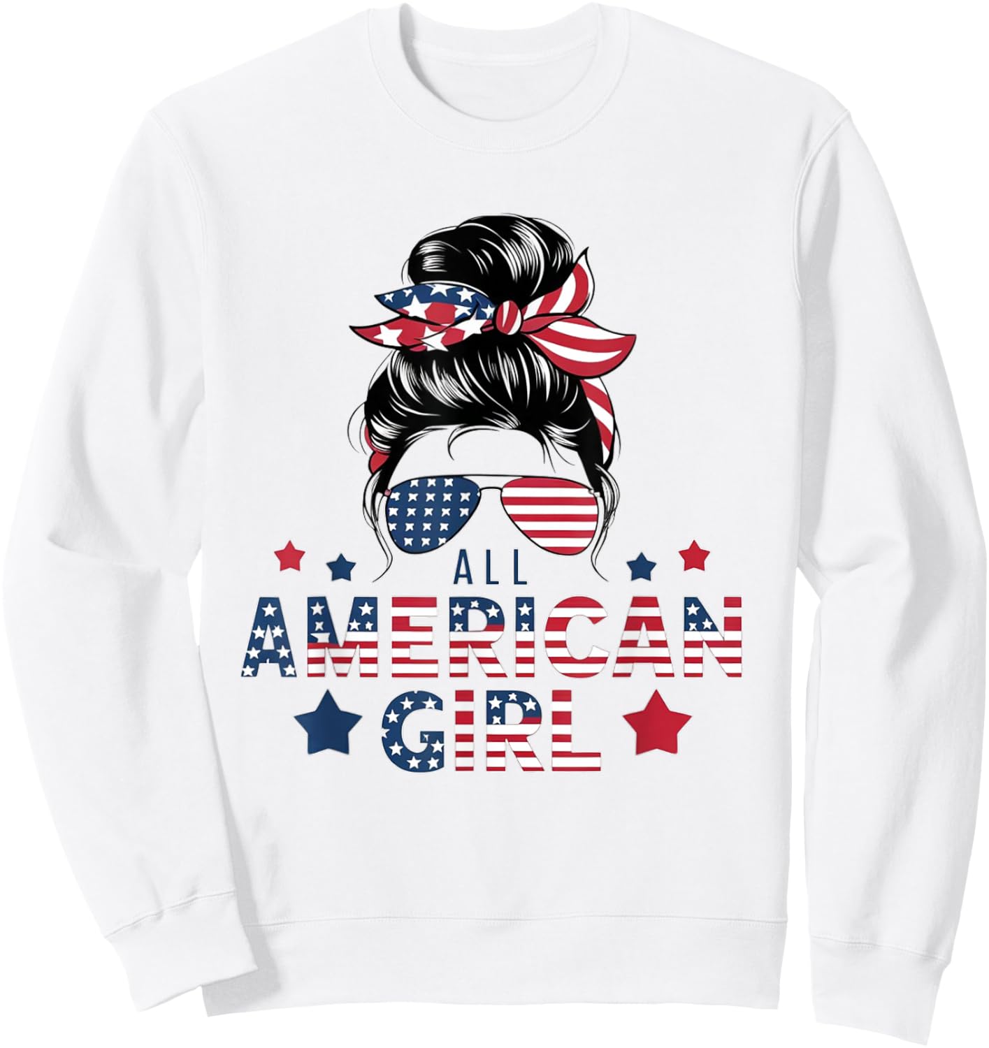 4th of July All American Girls Messy Bun Women USA Flag Sweatshirt - Sweatshirt | White