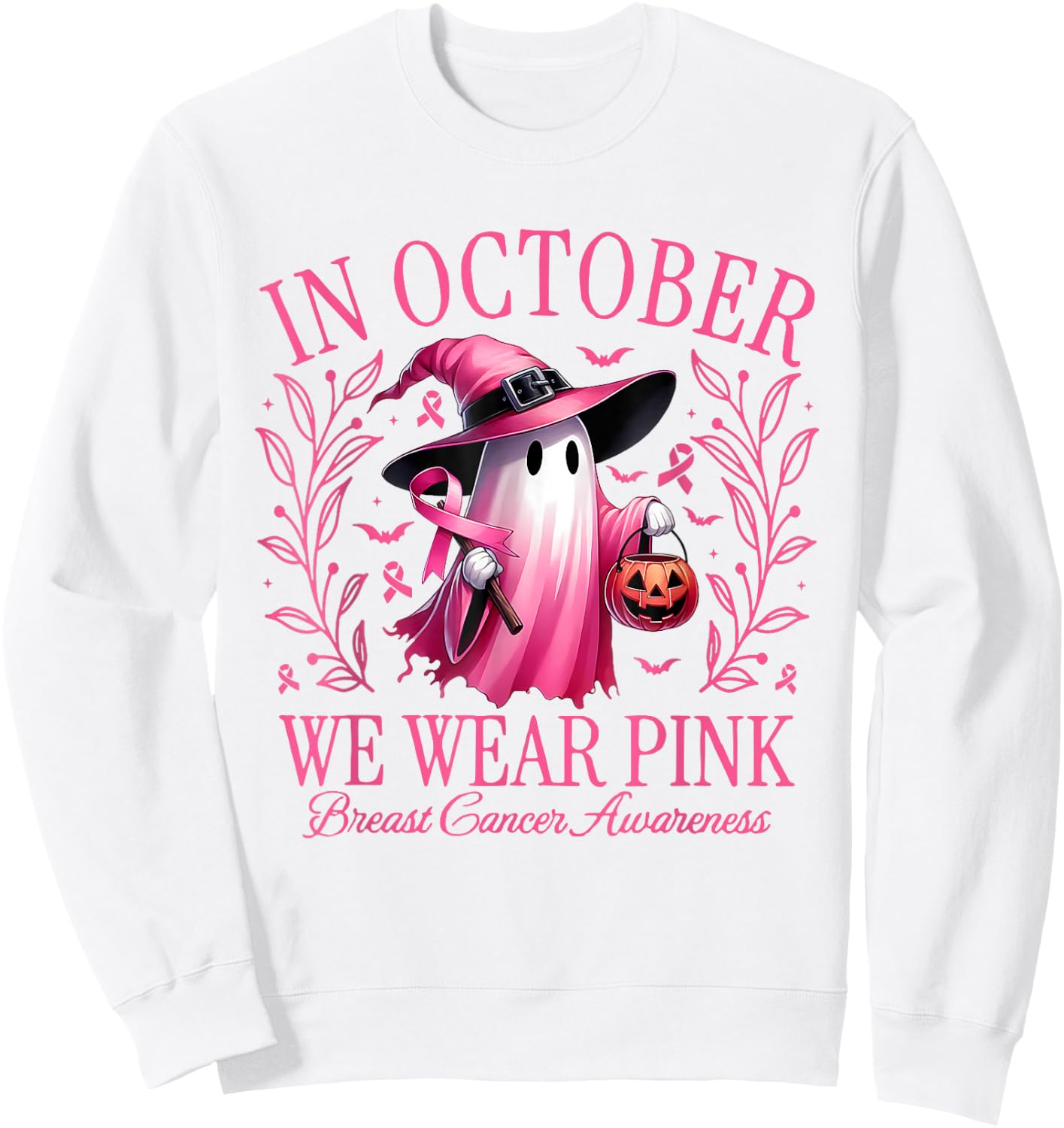 In October We Wear Pink Breast Cancer Awareness Halloween Sweatshirt - Sweatshirt | White